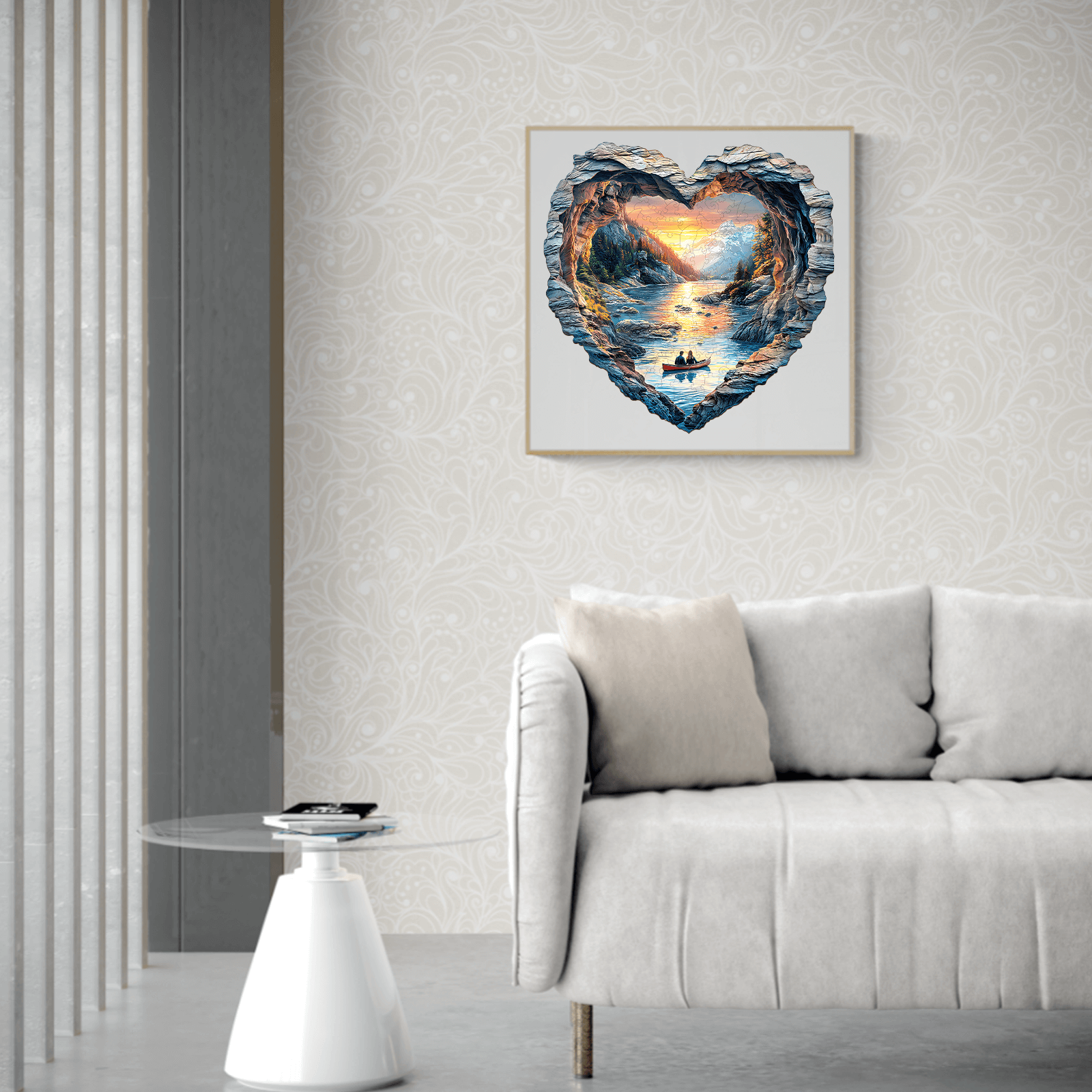 A heart-shaped artwork of Lake Louise, displayed above a cozy sofa in a stylish living room.