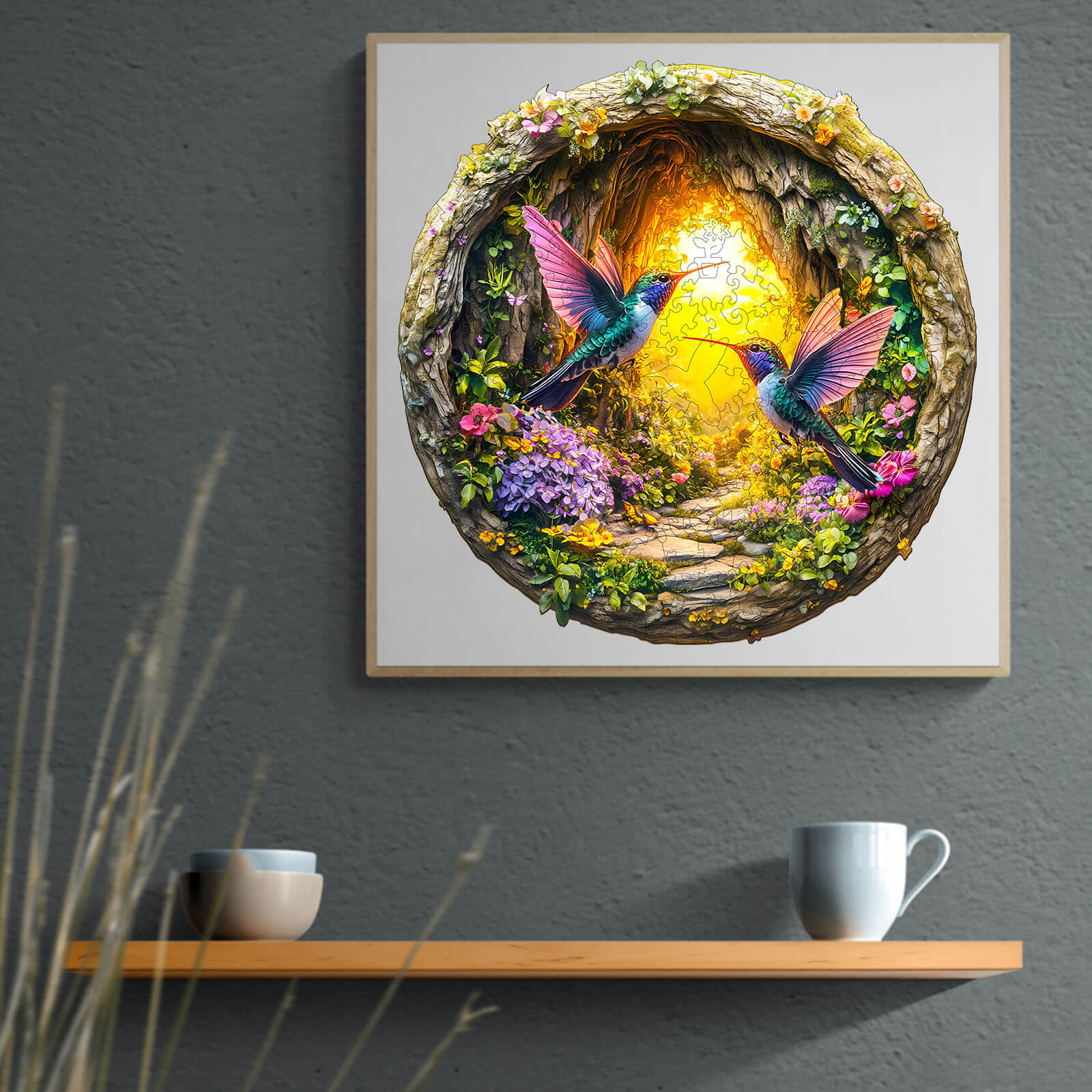 Colorful 3D hummingbird jigsaw puzzle featuring a cave with flowers and a glowing pathway, enhancing focus and relaxation.