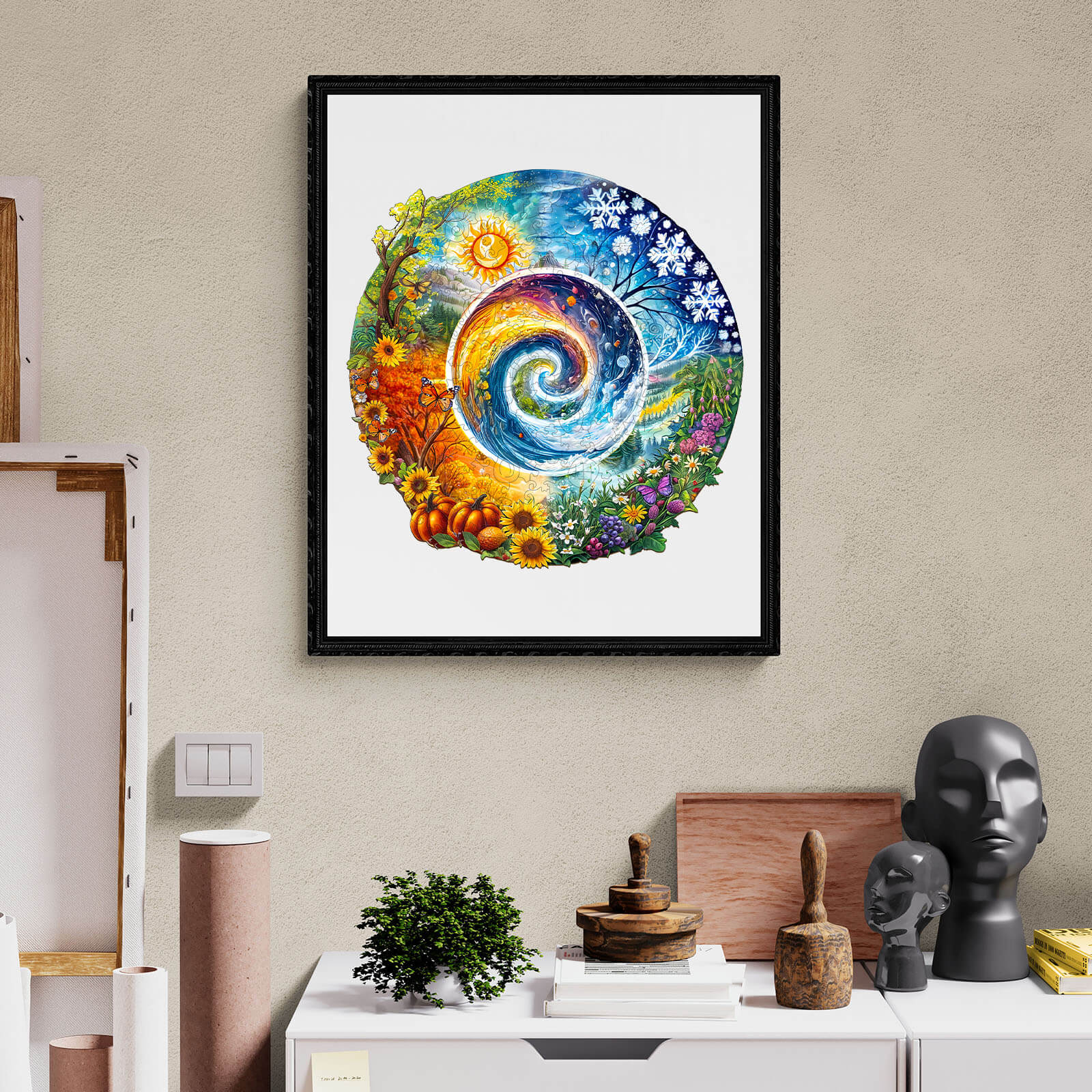 Colorful Seasons of Life wooden jigsaw puzzle artwork depicting nature's cycles in a vibrant design.