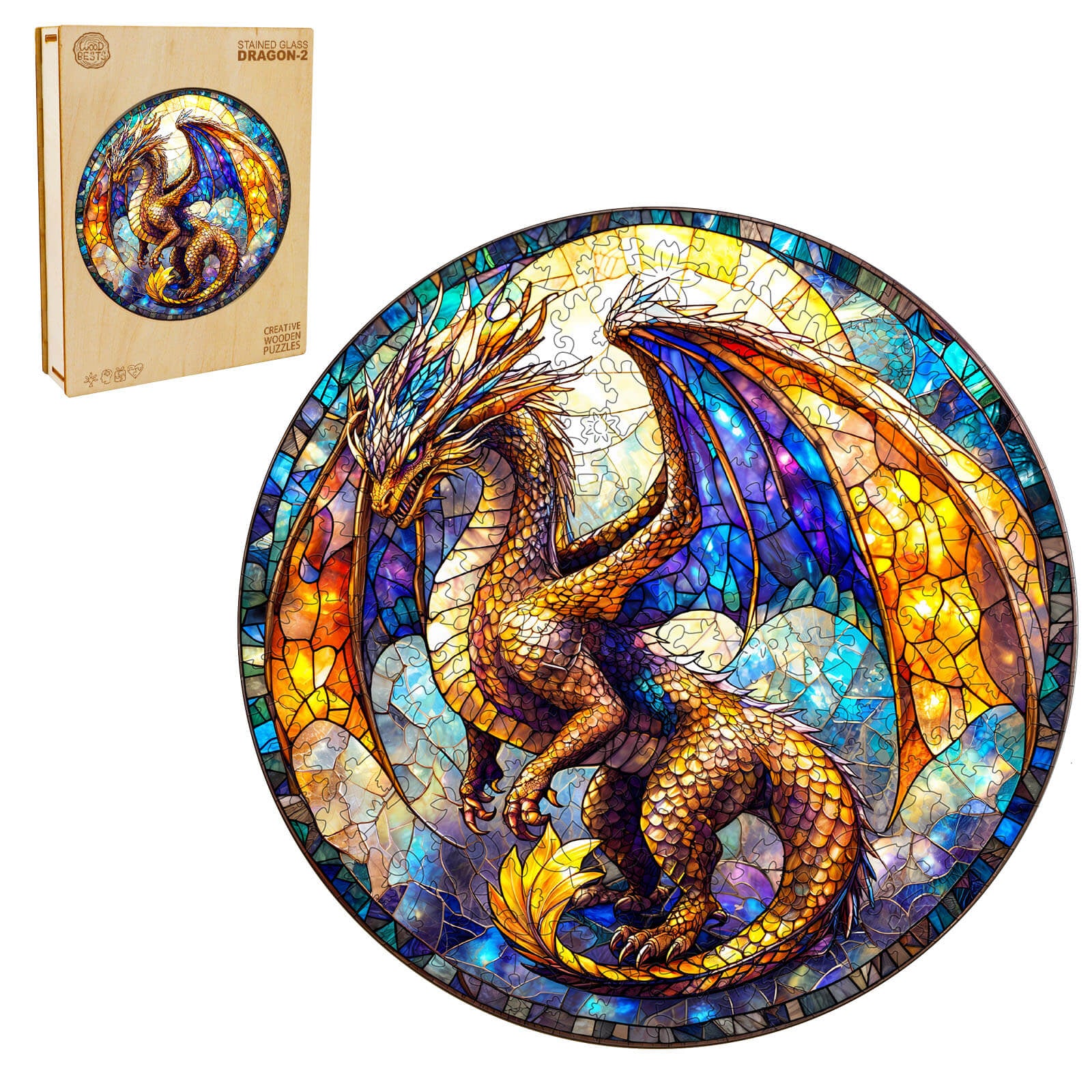 Stained glass wooden jigsaw puzzle featuring a golden dragon in vibrant colors, perfect for display.