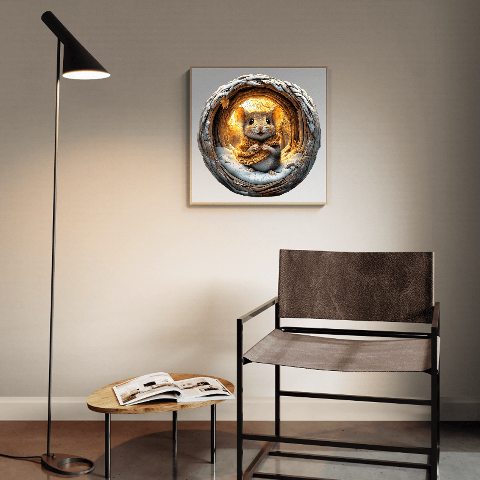 3D Cave Mouse wooden jigsaw puzzle displayed in a cozy living room setting with modern furniture and artistic decor.