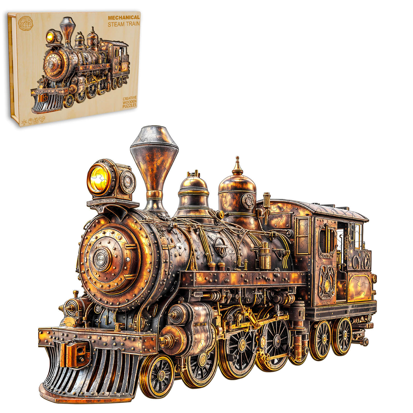 3D Mechanical Steam Train Wooden Jigsaw Puzzle model with intricate details and packaging in background.
