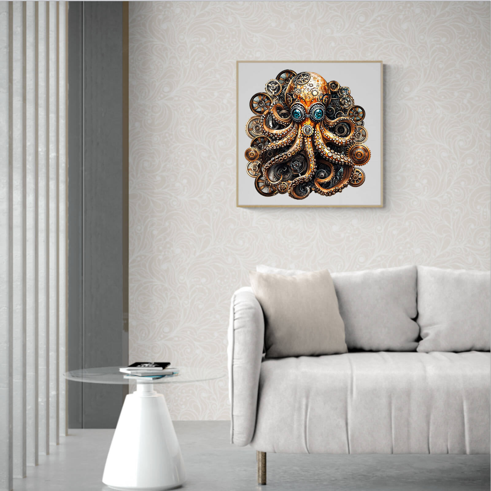Steampunk Doctor Octopus puzzle artwork displayed in a modern living room, showcasing intricate design and creativity.