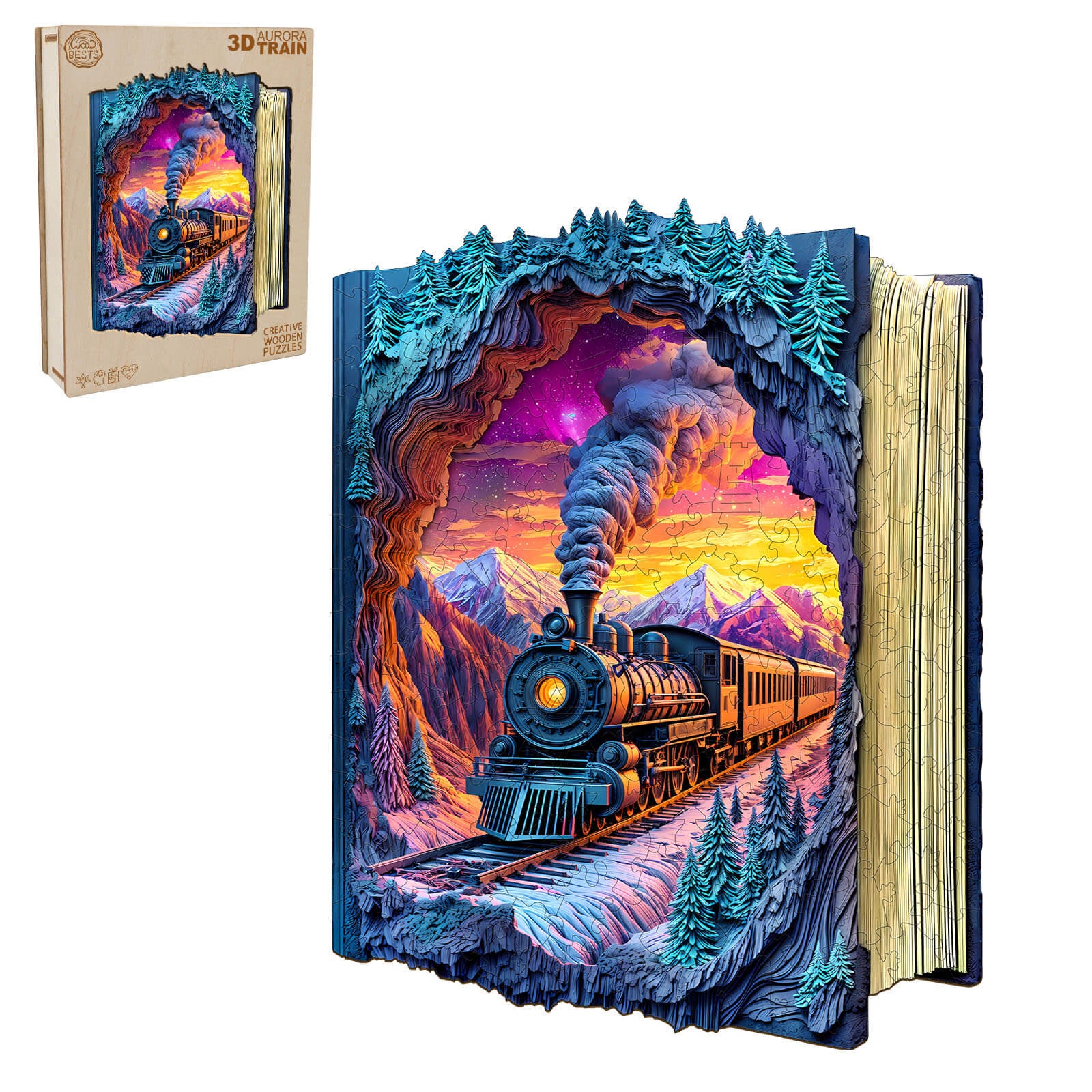 3D Aurora Train wooden jigsaw puzzle featuring a detailed train scene surrounded by vibrant colors and mountain landscapes.