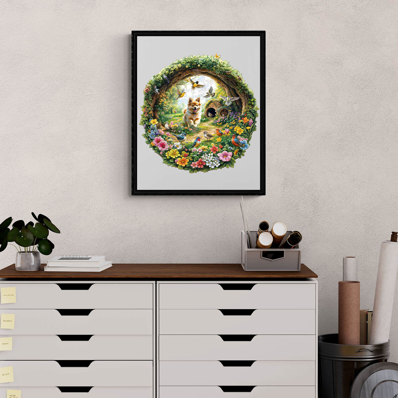 Spring Birds Wooden Jigsaw Puzzle artwork featuring vibrant flowers and a serene woodland scene.