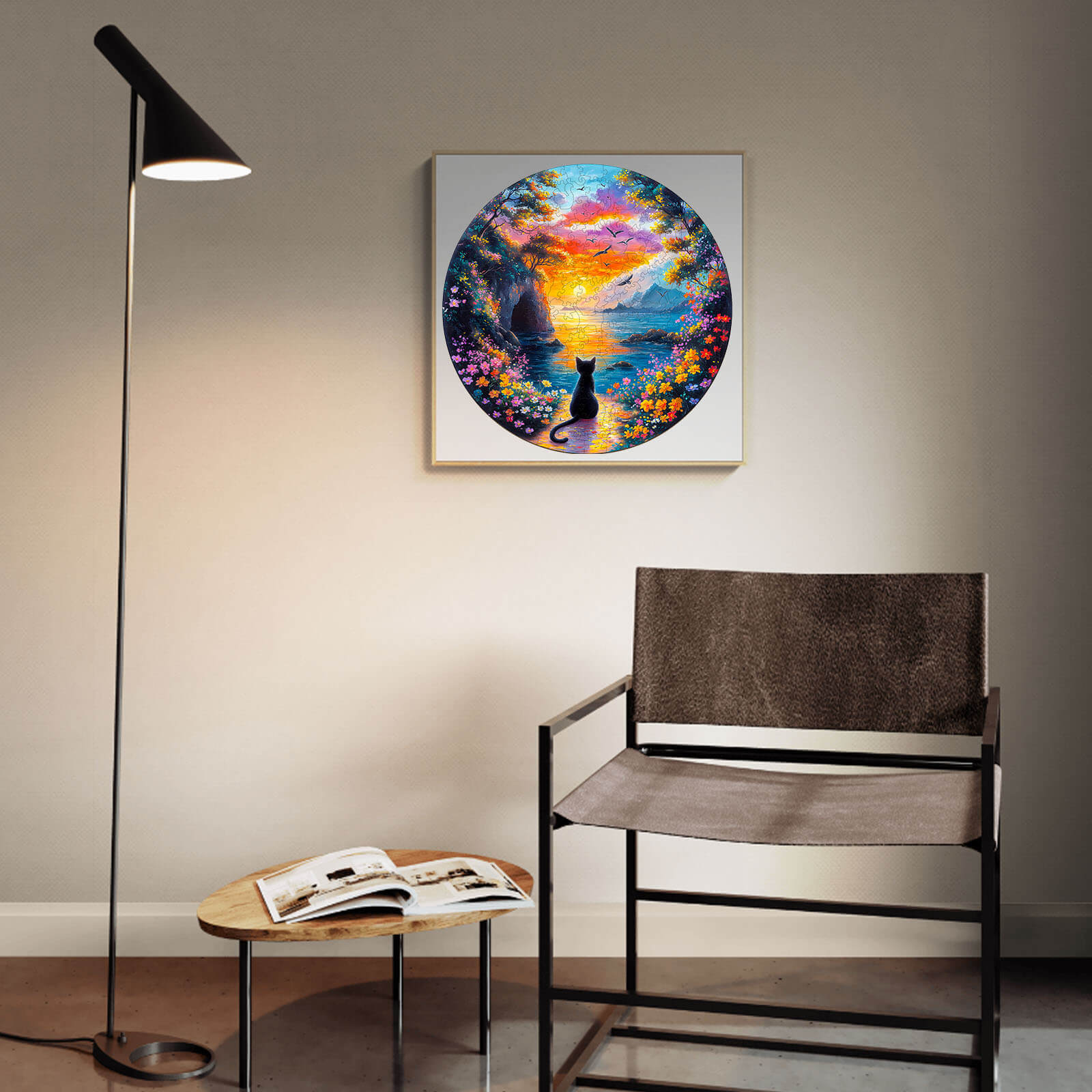 Colorful sunset kitten jigsaw puzzle artwork in cozy modern living room setting with lamp and chair.