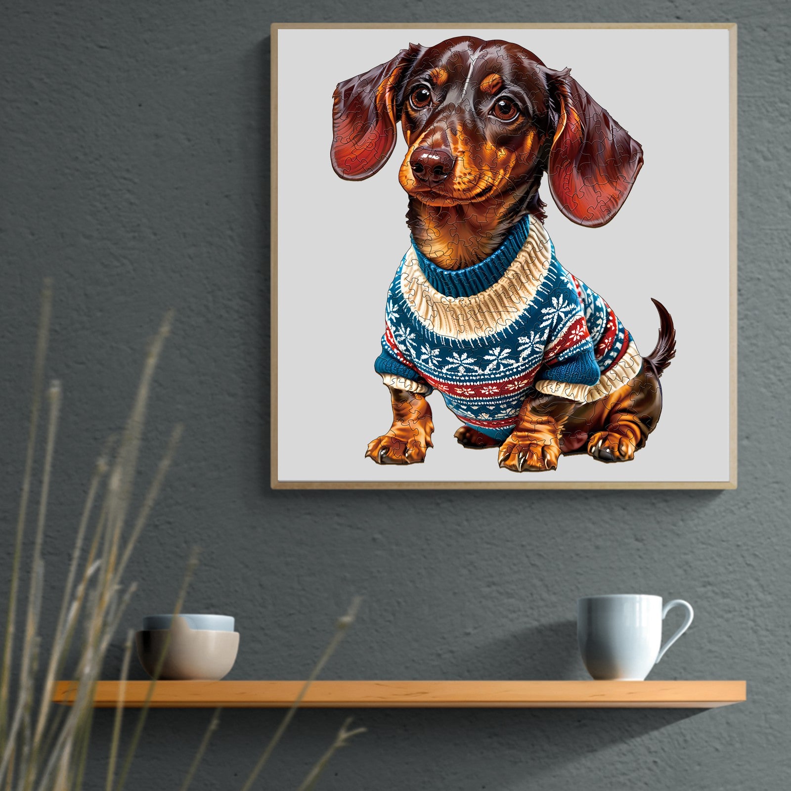 Dachshund dog wearing a colorful sweater displayed on a wall shelf with mugs.