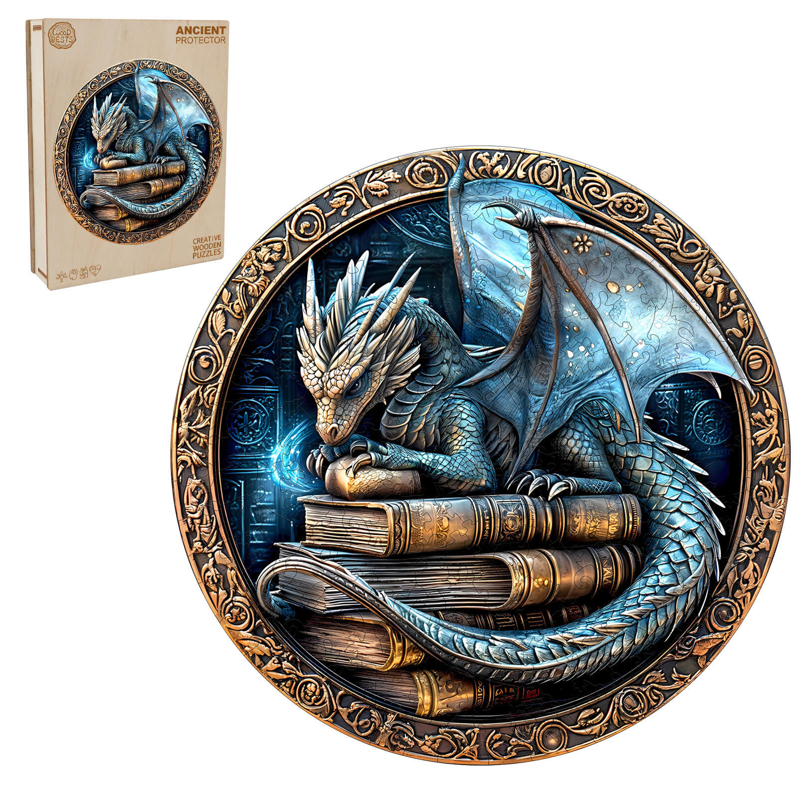 3D Ancient protector wooden jigsaw puzzle featuring a dragon resting on books, designed for enhancing focus and problem-solving skills.