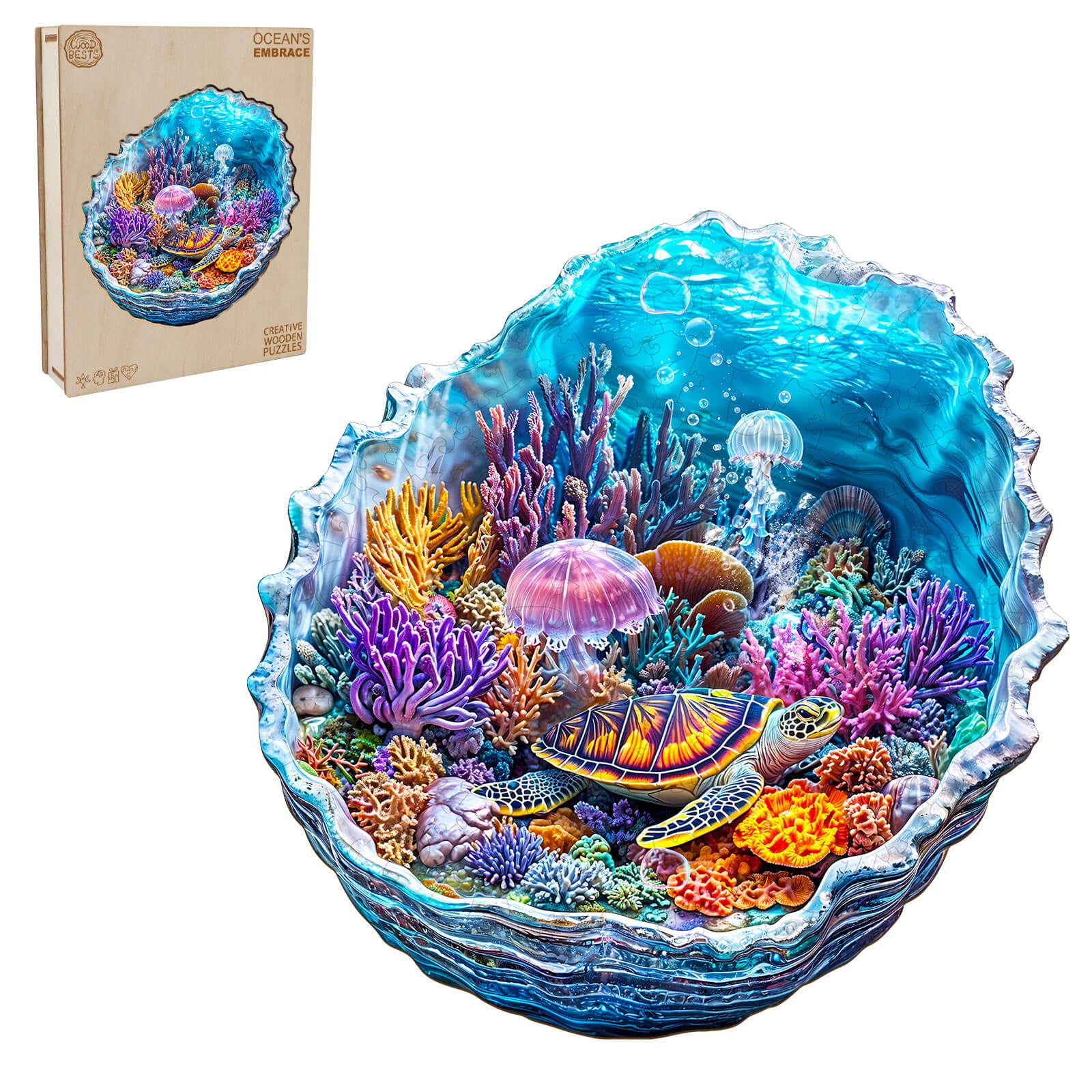 3D Ocean's Embrace wooden jigsaw puzzle featuring colorful underwater scene with sea turtle and coral, promoting focus and mental skills.
