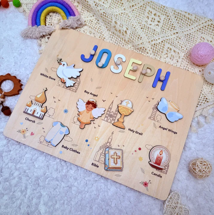 Personalized Wooden Name Puzzle - Baptism Boy Set for Toddlers