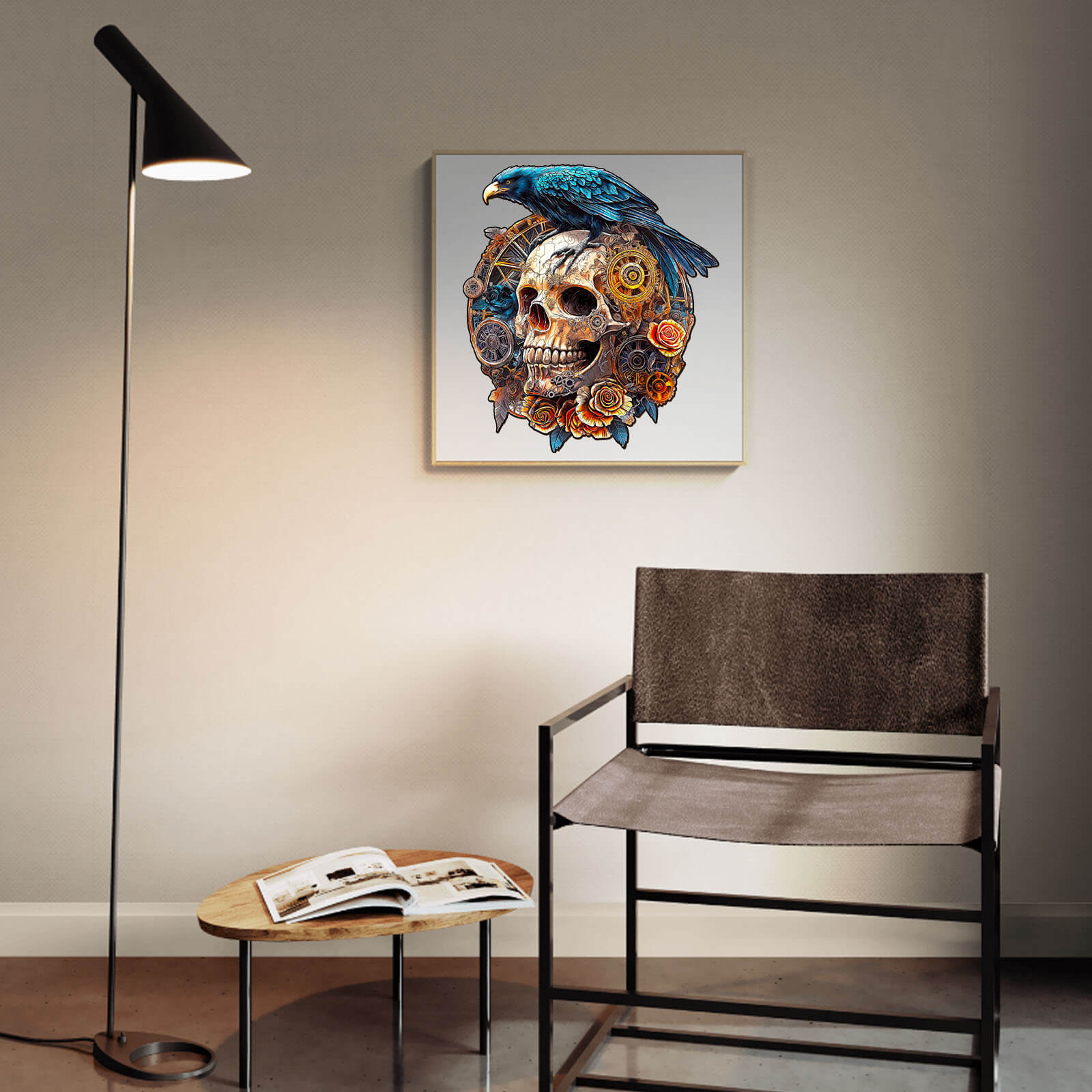 3D Mechanical Skull and Raven artwork in a modern room with a lamp and stylish chair.