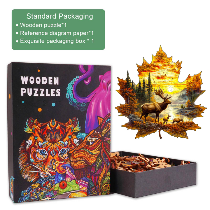 Elk and maple leaves Wooden Jigsaw Puzzle