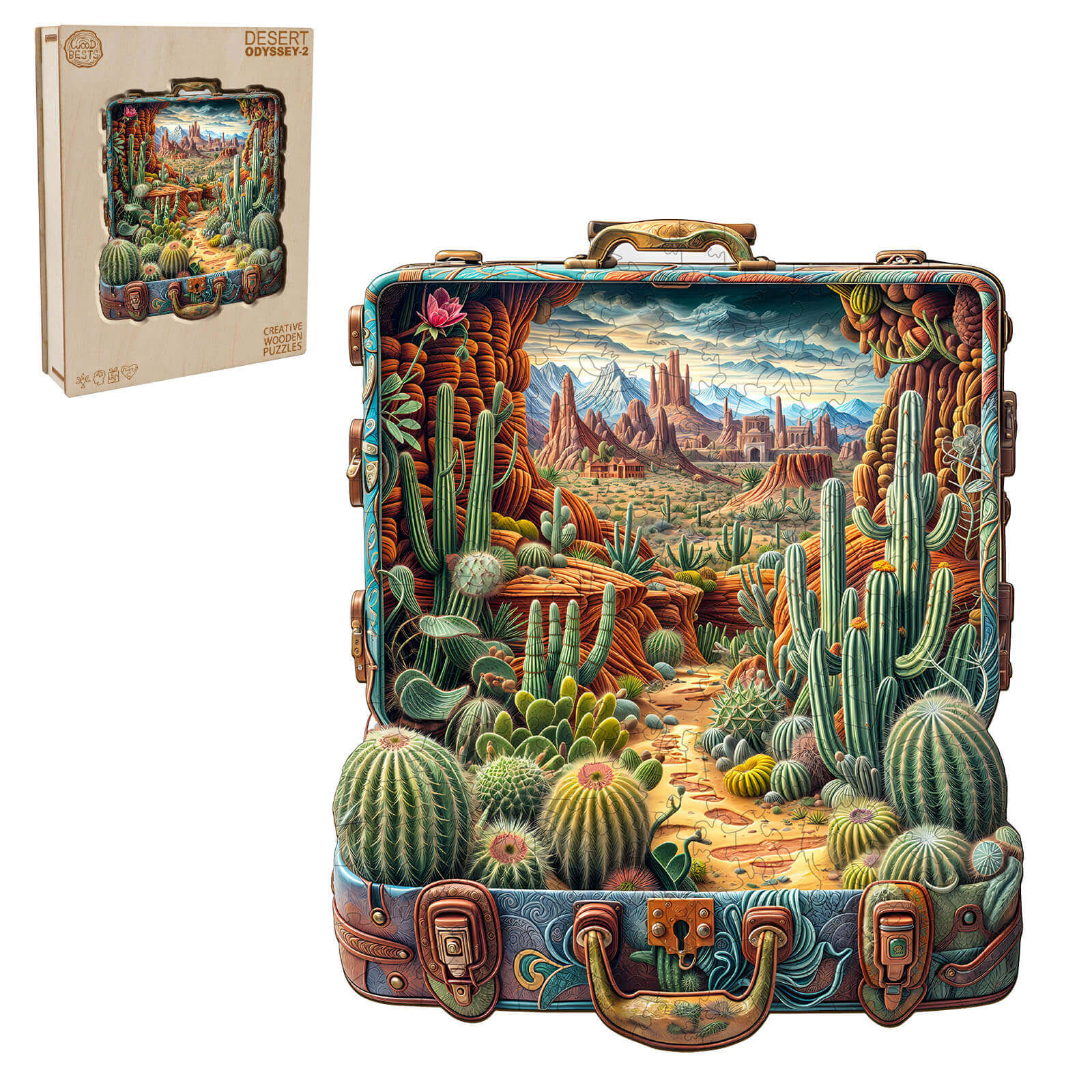 Desert Odyssey-2 wooden jigsaw puzzle featuring a scenic desert landscape and cacti design.
