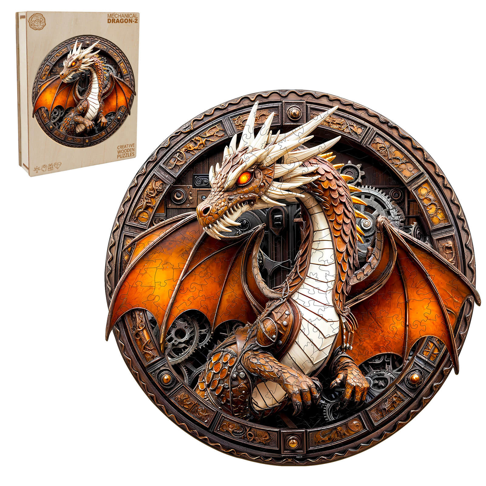 3D Mechanical Dragon-2 Wooden Jigsaw Puzzle, intricately designed with gears and vibrant colors for puzzle enthusiasts.