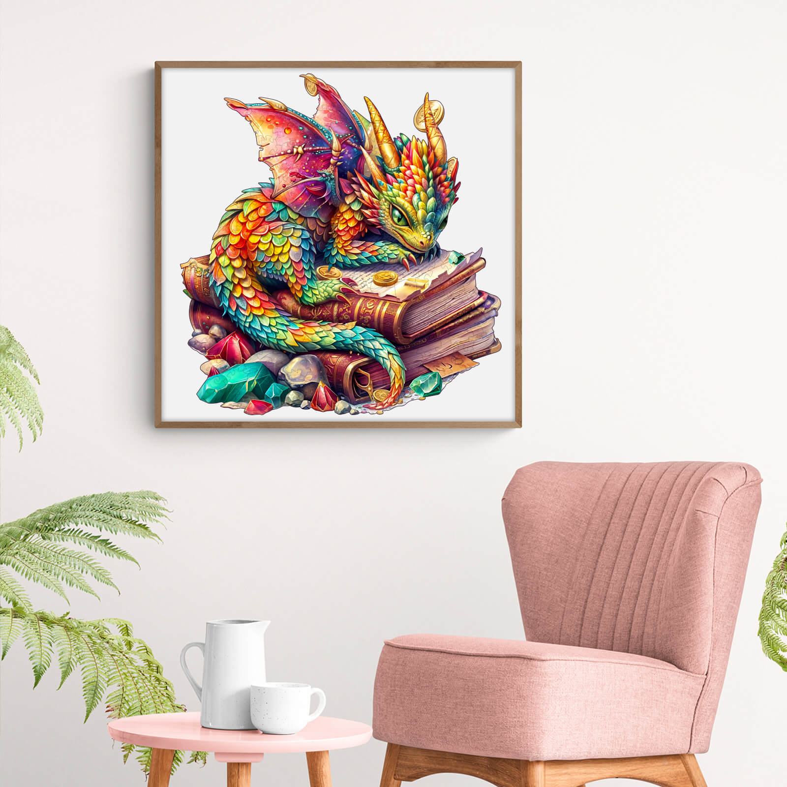 Vibrantly colored jeweled dragon resting on a stack of books in a modern living room setting.