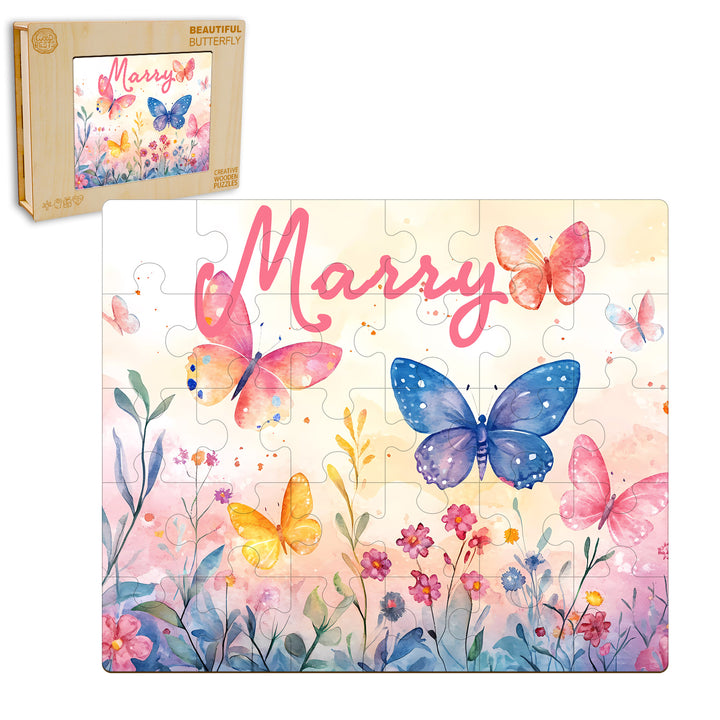 Butterfly in the flowers - Children's Name Custom Wooden Jigsaw Puzzle