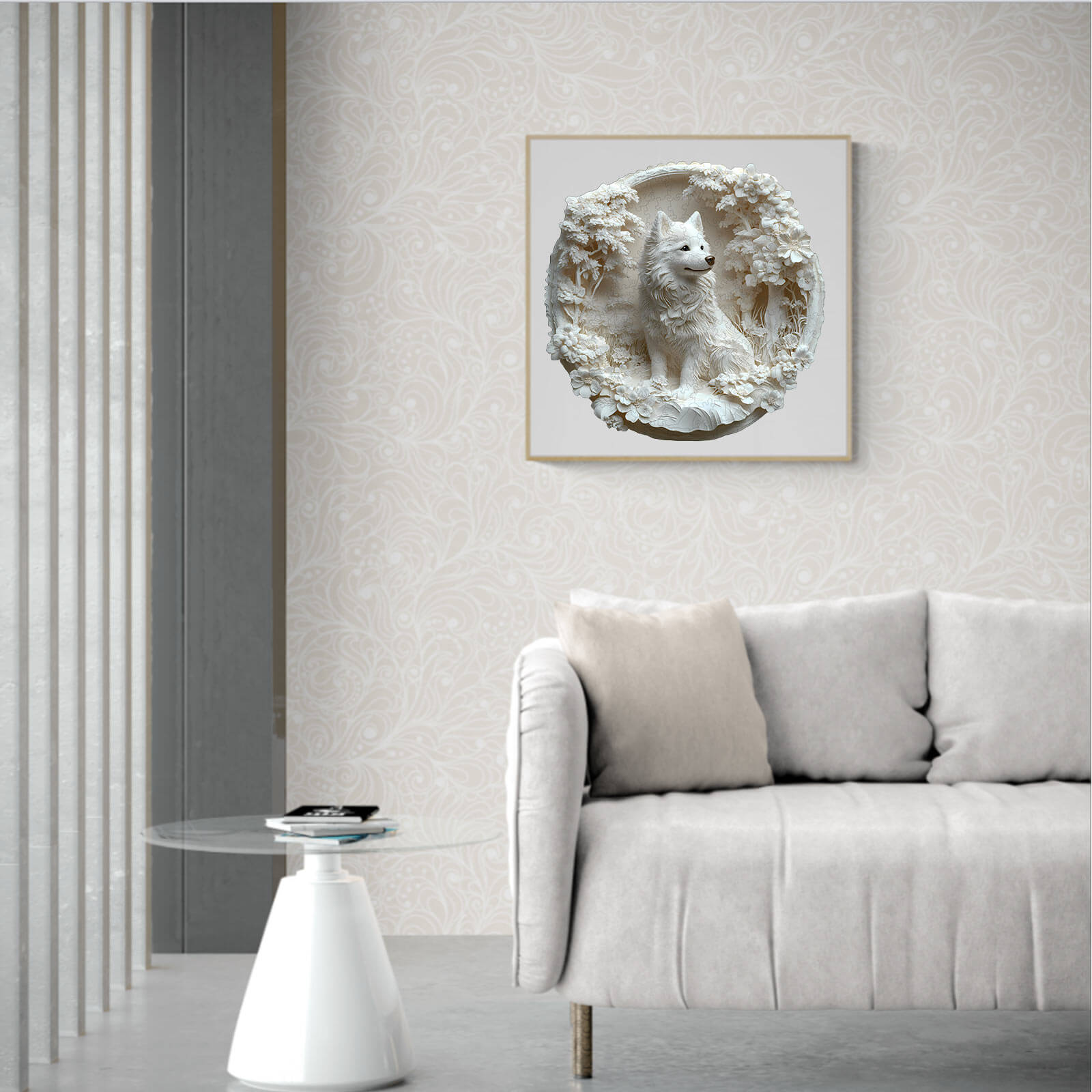 3D Paper Samoyed wooden jigsaw puzzle displayed in a modern living room with cozy furniture.
