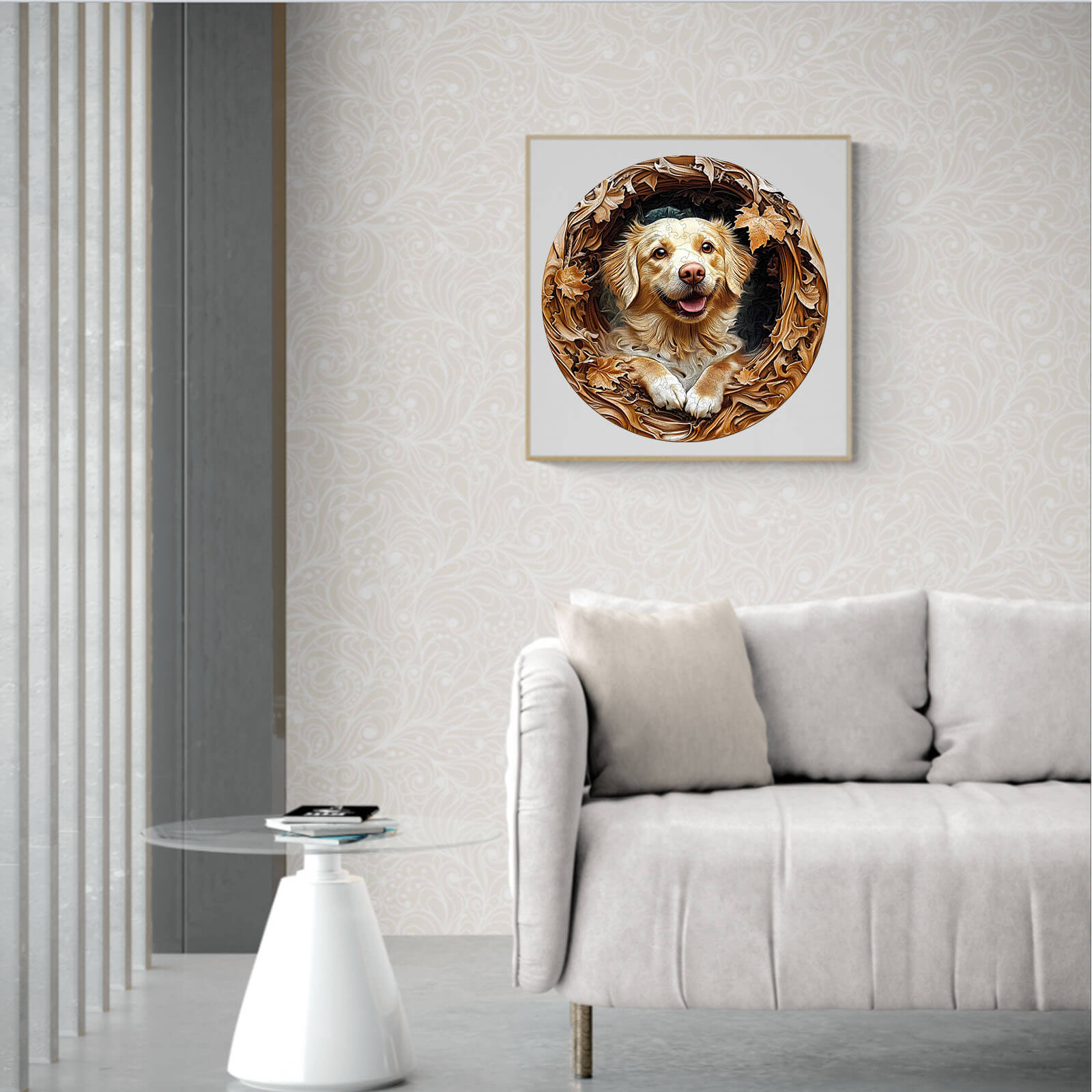 3D Golden Retriever-2 wooden jigsaw puzzle displayed in modern living room with cozy couch and contemporary decor.