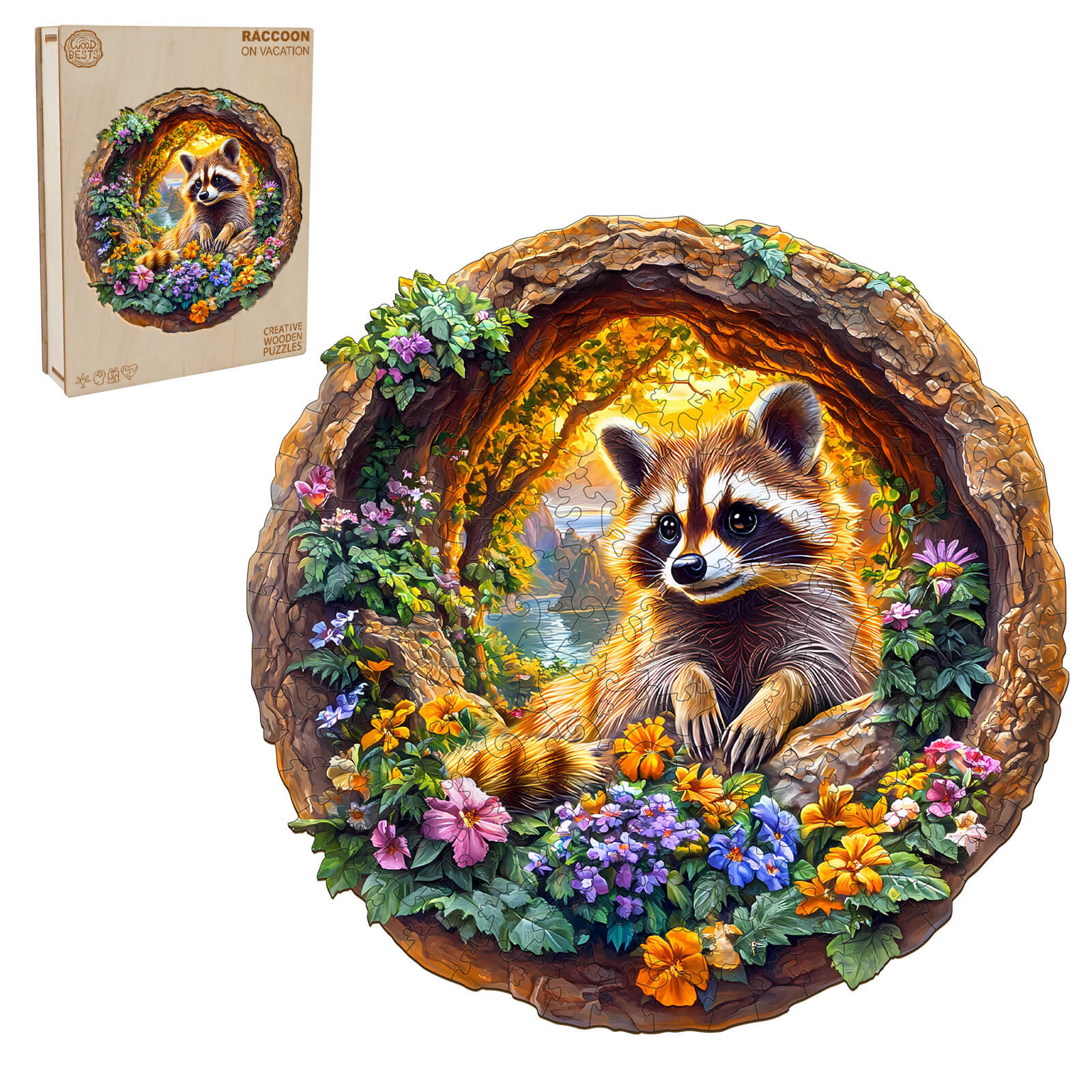 3D Raccoon on Vacation wooden jigsaw puzzle featuring a raccoon surrounded by colorful flowers and nature.