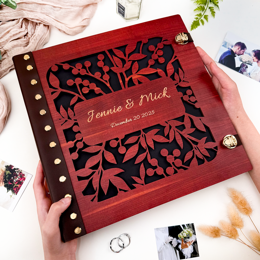 Wooden Photo Album with Carved Flowers and Engraved Names