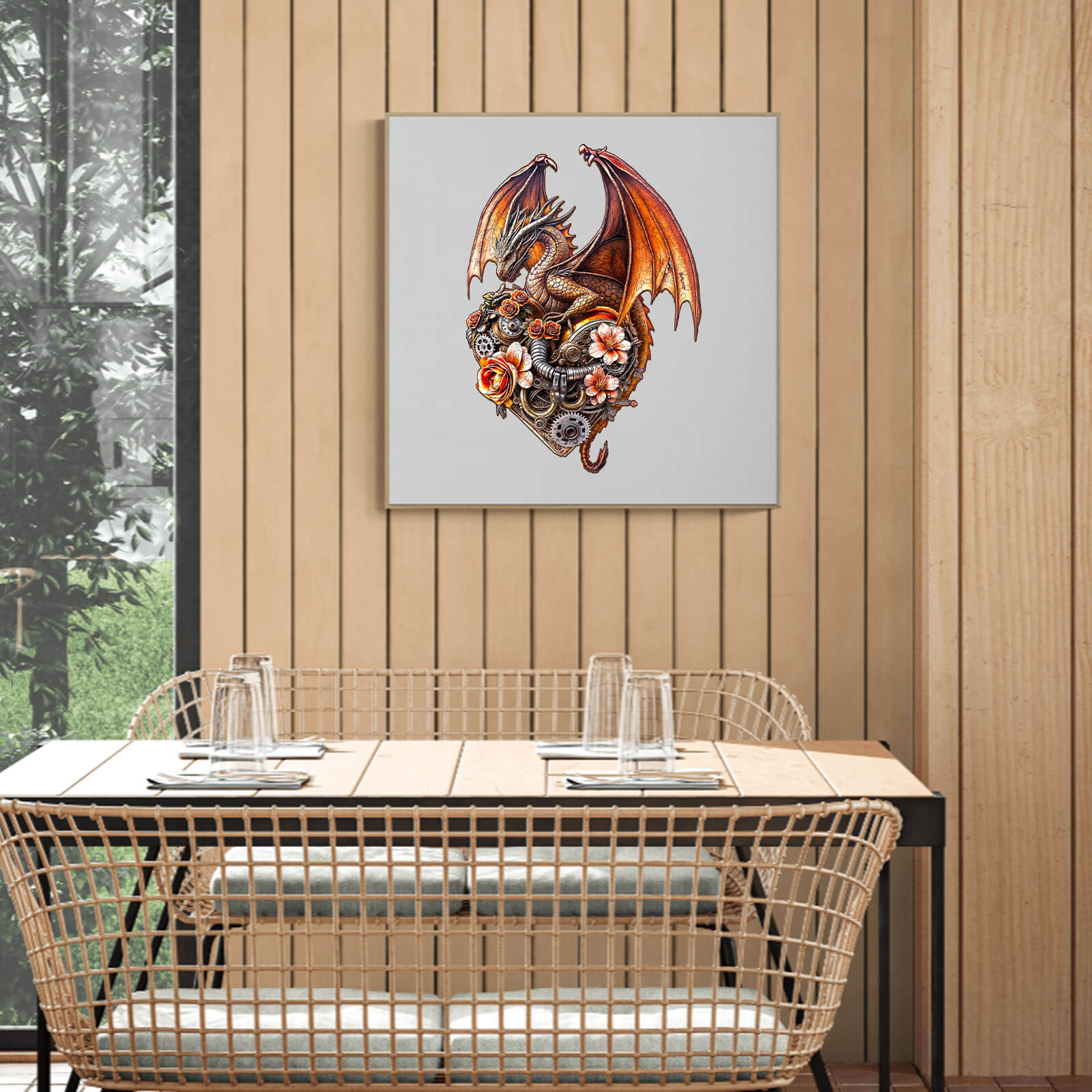 Dragon Heart Machina wooden jigsaw puzzle displayed in a modern dining space with natural wood accents.