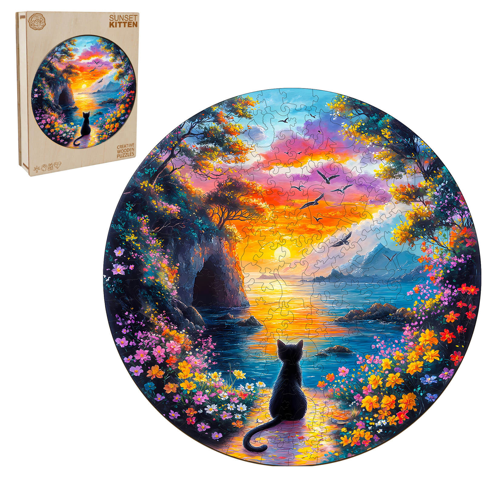 Colorful Sunset Kitten wooden jigsaw puzzle depicting a serene landscape with a playful cat and vibrant flowers.
