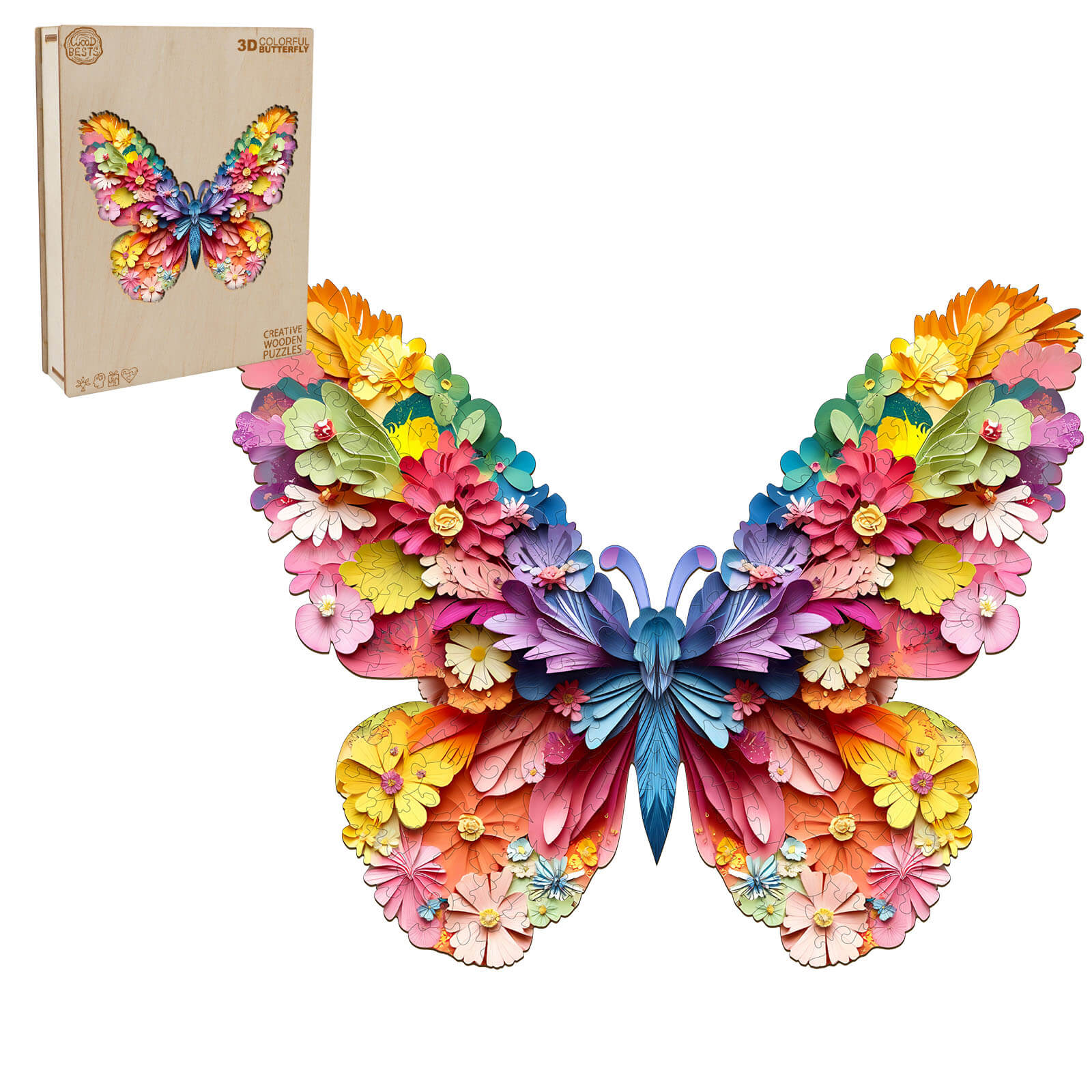 3D Colorful Butterfly Wooden Jigsaw Puzzle with vibrant floral design and packaging