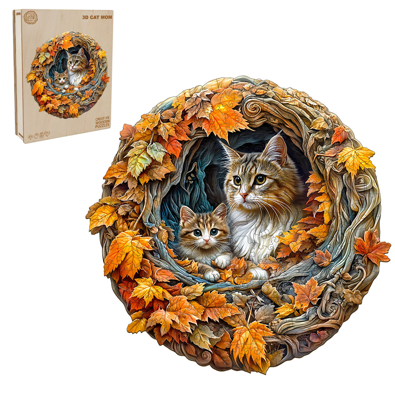 3D cat mom jigsaw puzzle featuring two cats in an autumn leaf frame, promoting focus and intelligence through play.