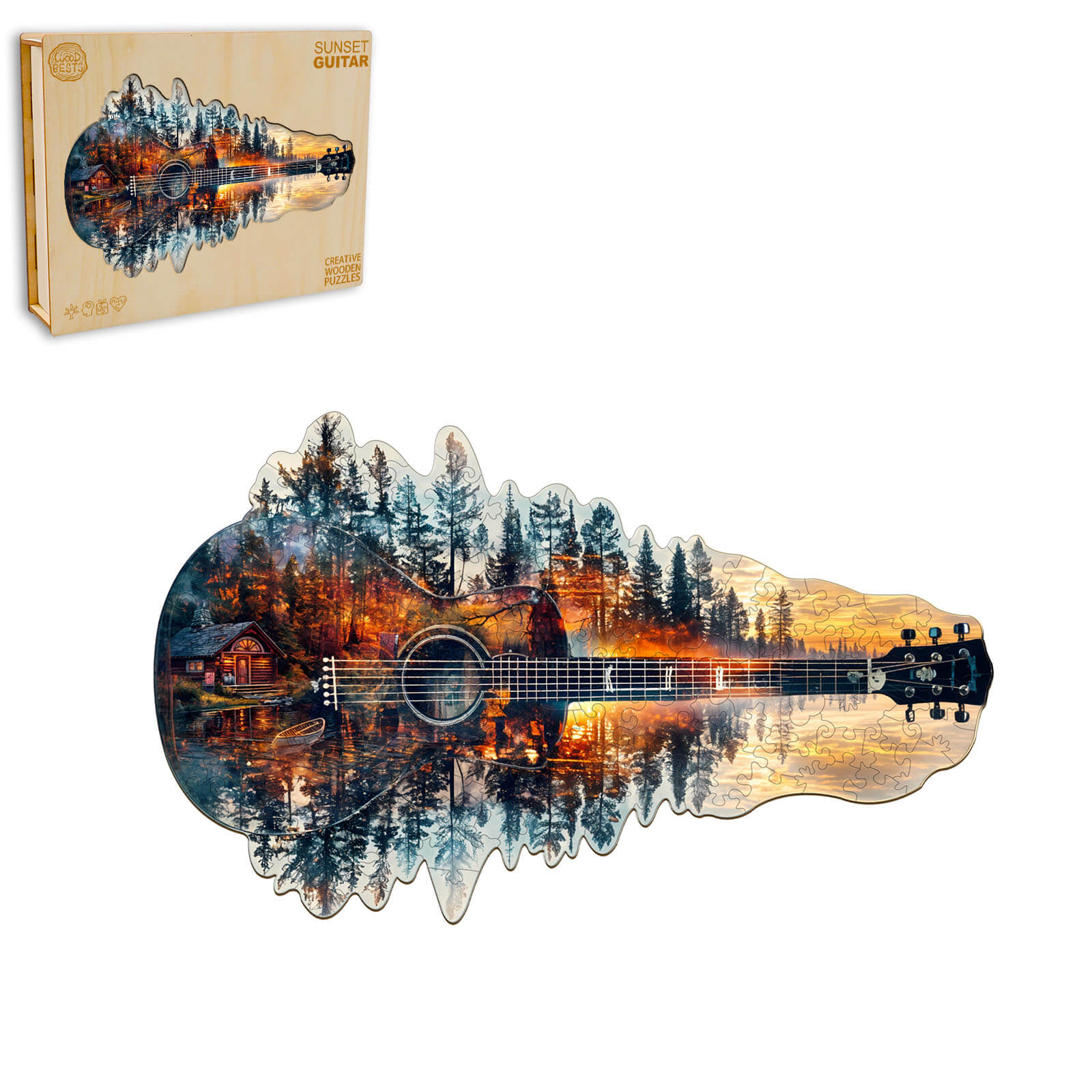 Wooden Sunset Guitar jigsaw puzzle featuring a stunning forest landscape, great for enhancing focus and mental skills.