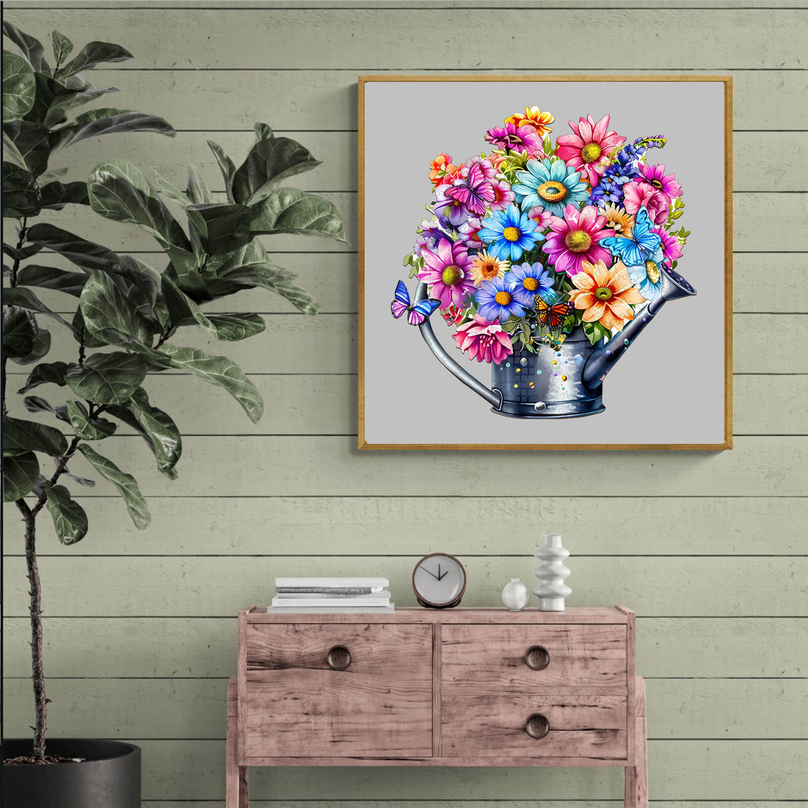 Vibrant flower arrangement in a watering can, decorated with butterflies, enhancing home decor and inviting nature indoors.