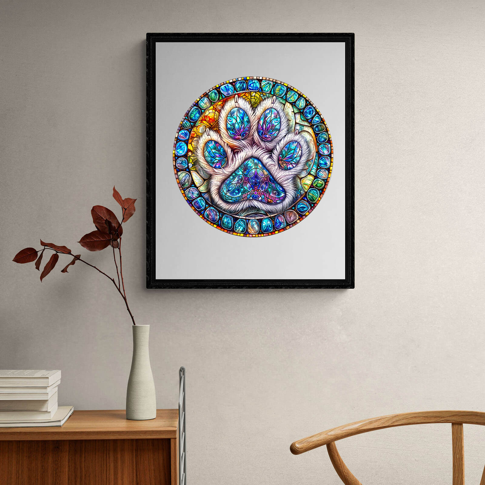 Stained glass paw prints artwork in a circular design, perfect for decor and jigsaw puzzle enthusiasts.