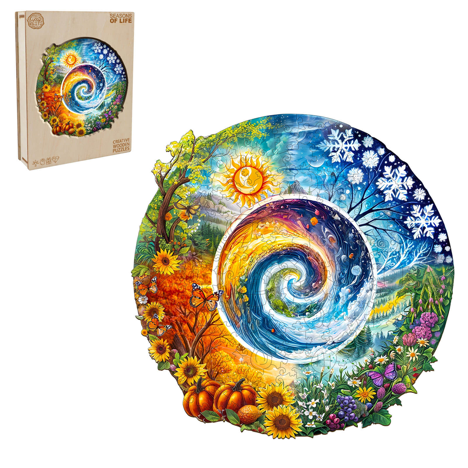 Seasons of Life wooden jigsaw puzzle showcasing vibrant seasonal changes in a colorful spiral design.