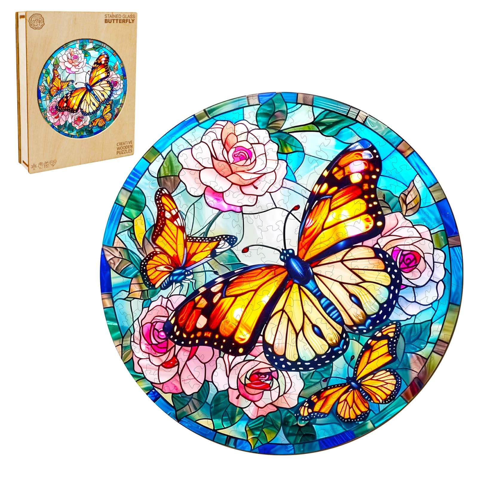 Stained Glass Butterfly Wooden Jigsaw Puzzle, featuring colorful butterflies and roses, designed for puzzle enthusiasts.