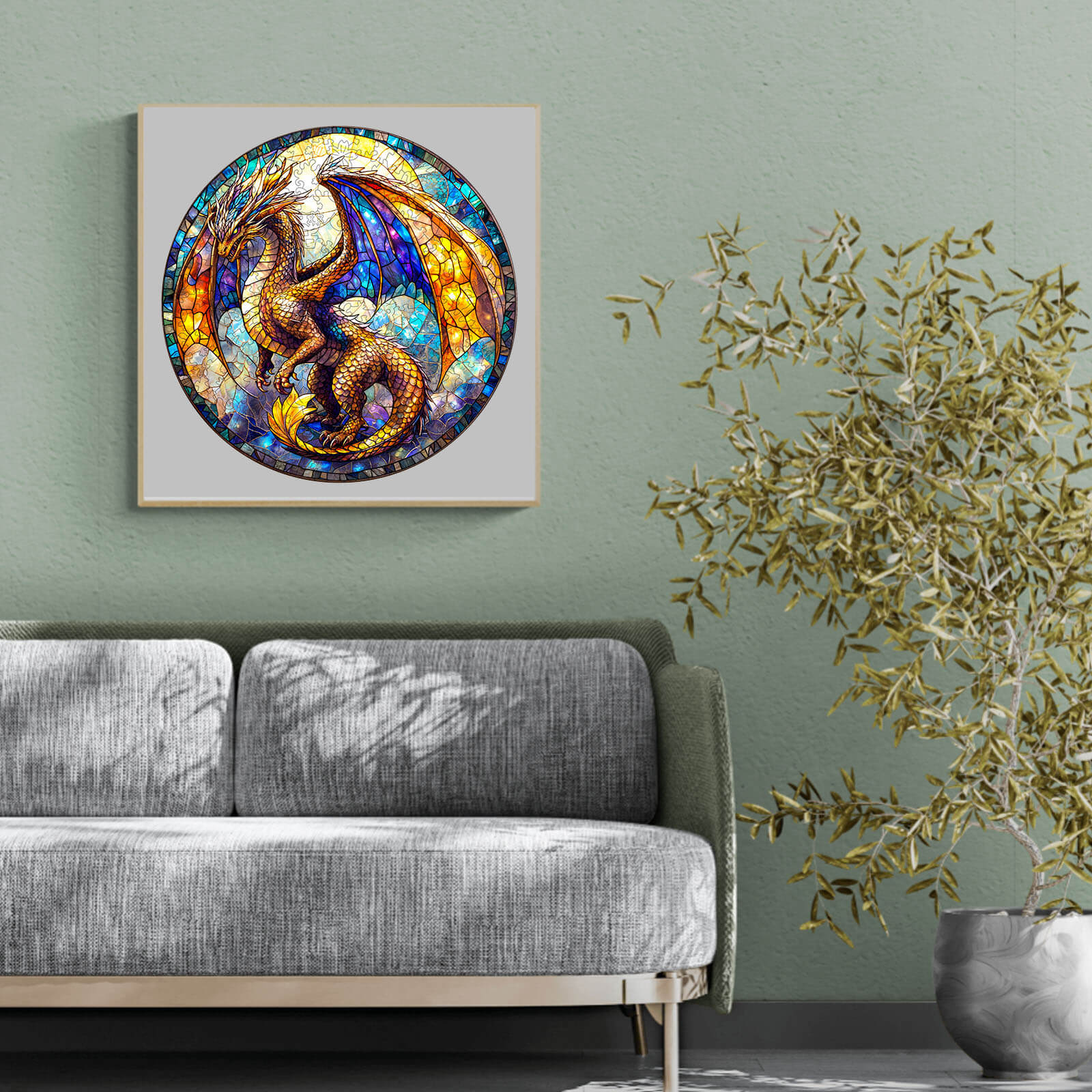 Stained glass artwork of a golden dragon on a wall above a sofa, showcasing vivid colors and intricate designs.