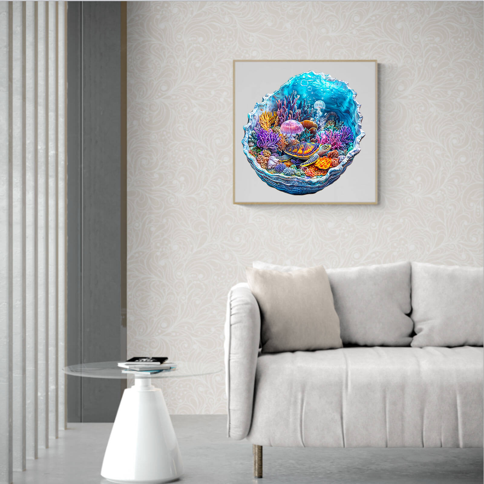 Colorful 3D Ocean's Embrace jigsaw puzzle displayed in a modern living room, enhancing home decor.