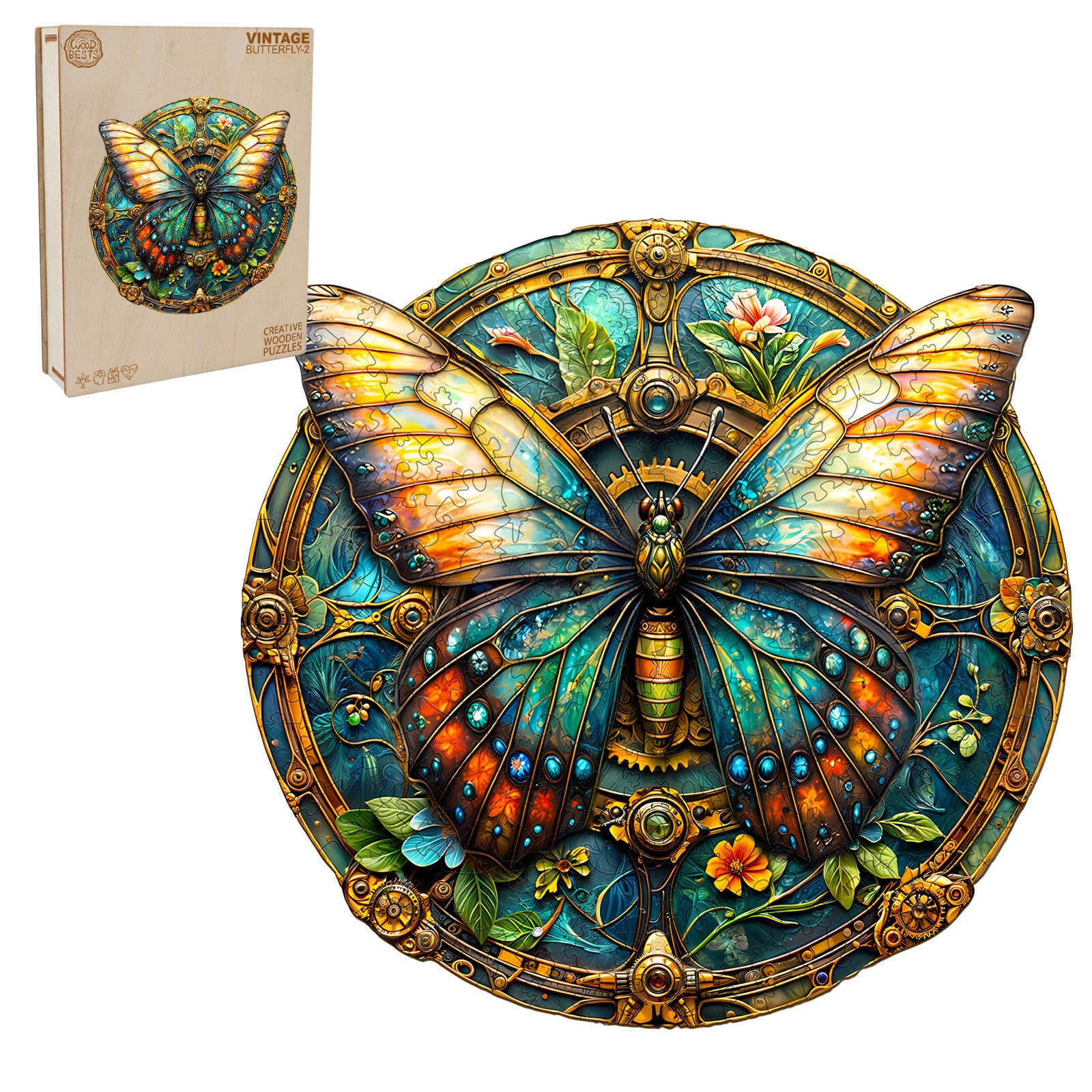 Vintage butterfly-2 wooden jigsaw puzzle showcasing vibrant colors and intricate design for brain-boosting fun.