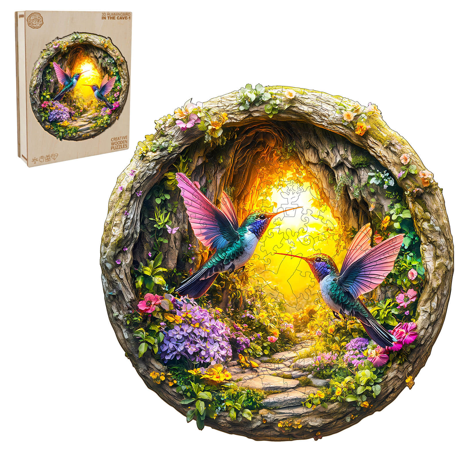 3D Hummingbird in the Cave-1 wooden puzzle featuring vibrant hummingbirds and floral details, designed for puzzle enthusiasts.