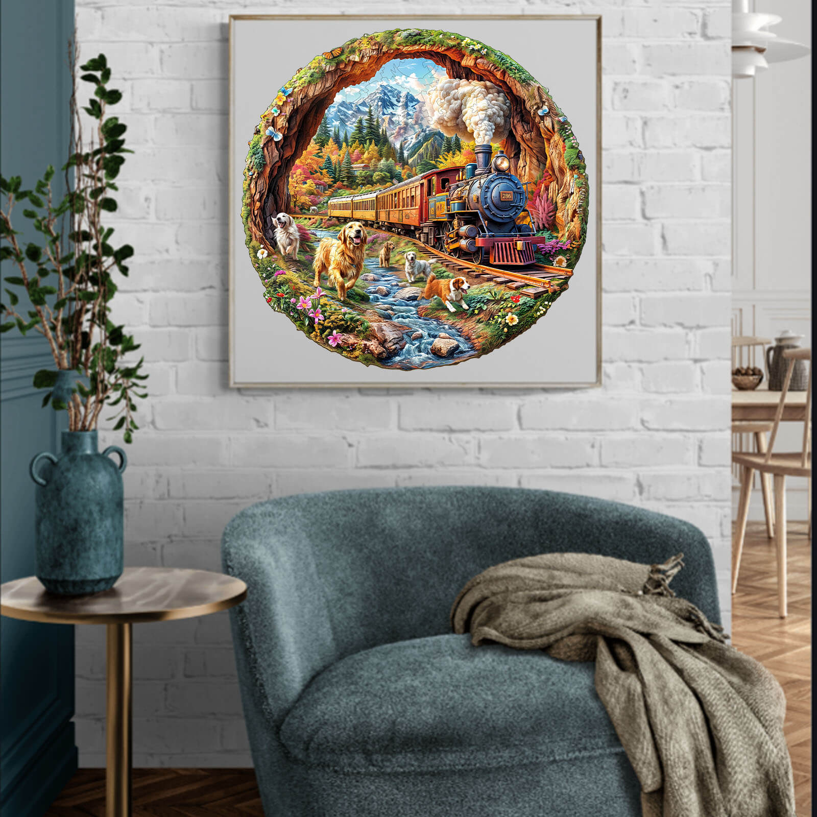 Colorful 3D Racing the Train-1 wooden jigsaw puzzle artwork displayed in a cozy interior, featuring a train and dogs.