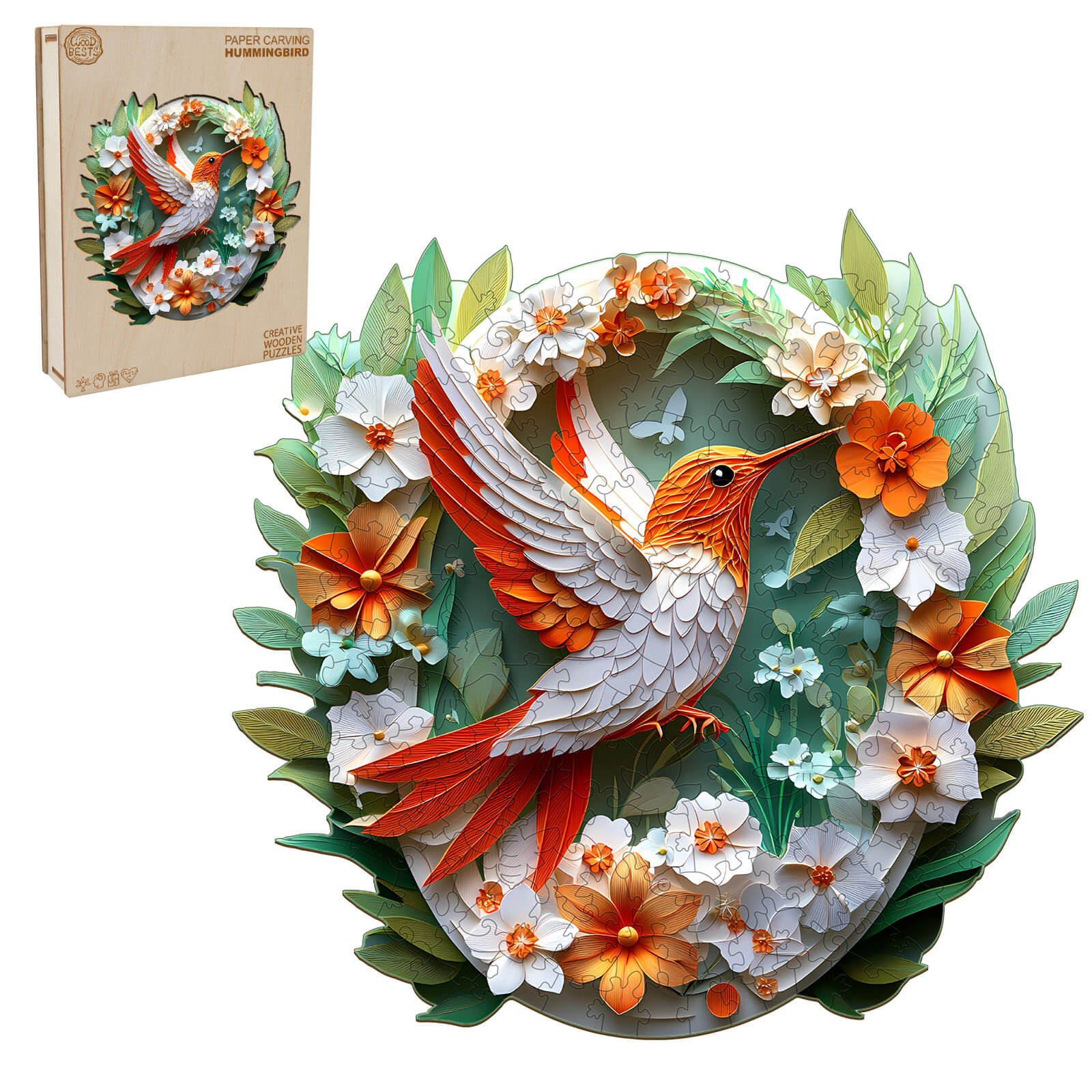 3D Colored Paper Carving Hummingbird Wooden Jigsaw Puzzle with vibrant flowers and leaves decoration.