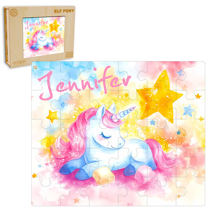 Sleeping Unicorn - Children's Name Custom Wooden Jigsaw Puzzle