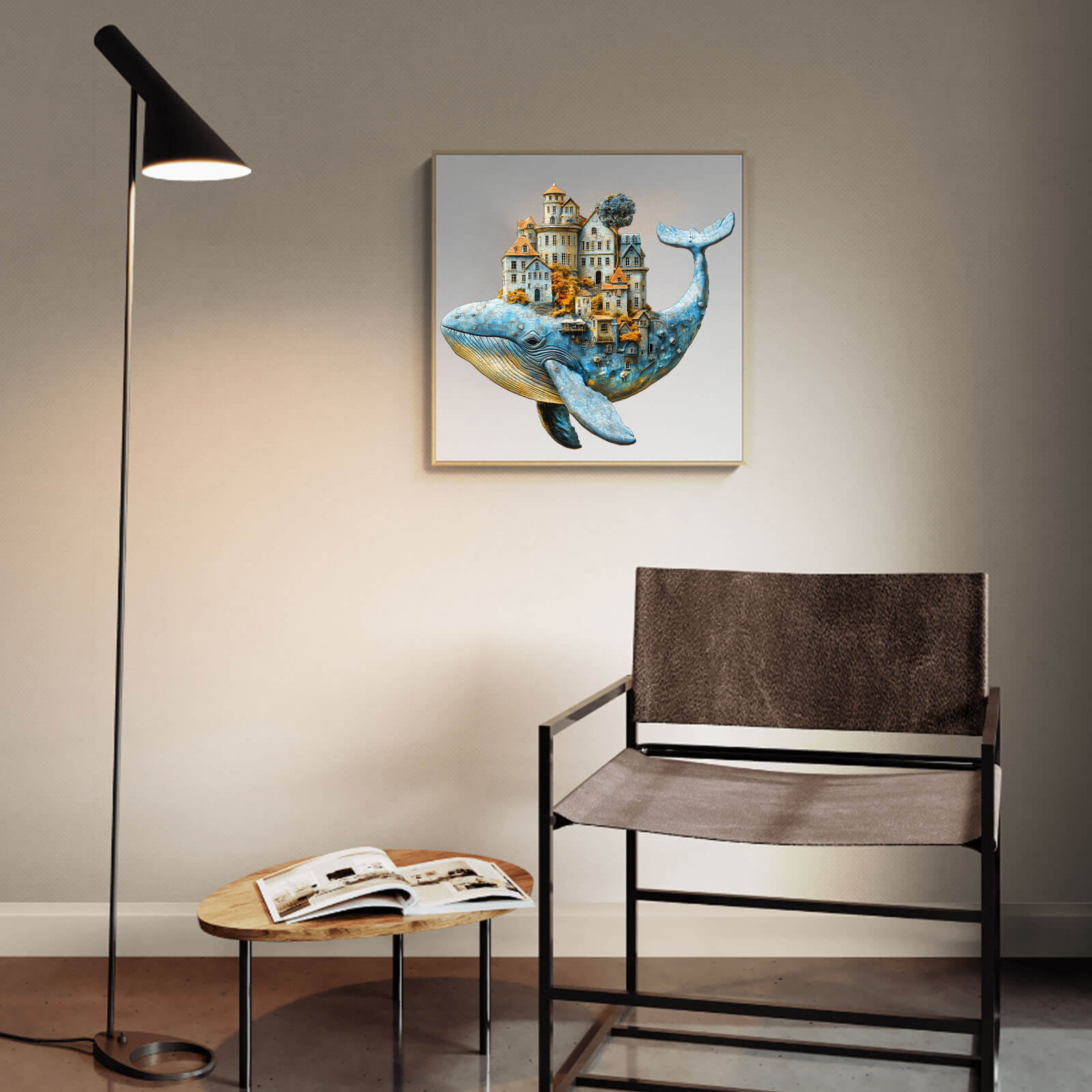 3D Whale City puzzle artwork featuring a whale carrying a city, displayed in a modern living room setting.
