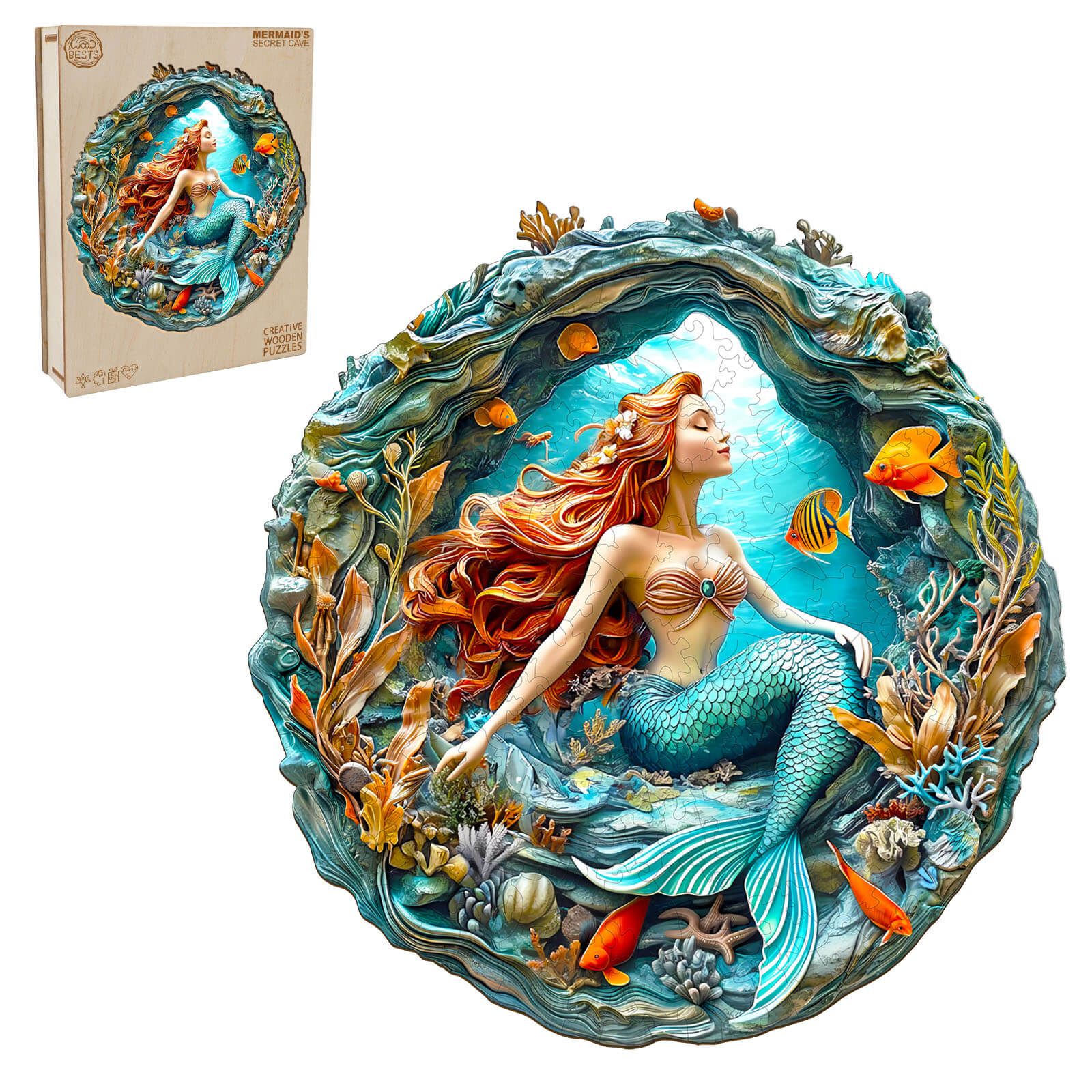 3D Mermaid's Secret Cave wooden jigsaw puzzle featuring a mermaid exploring colorful underwater life.