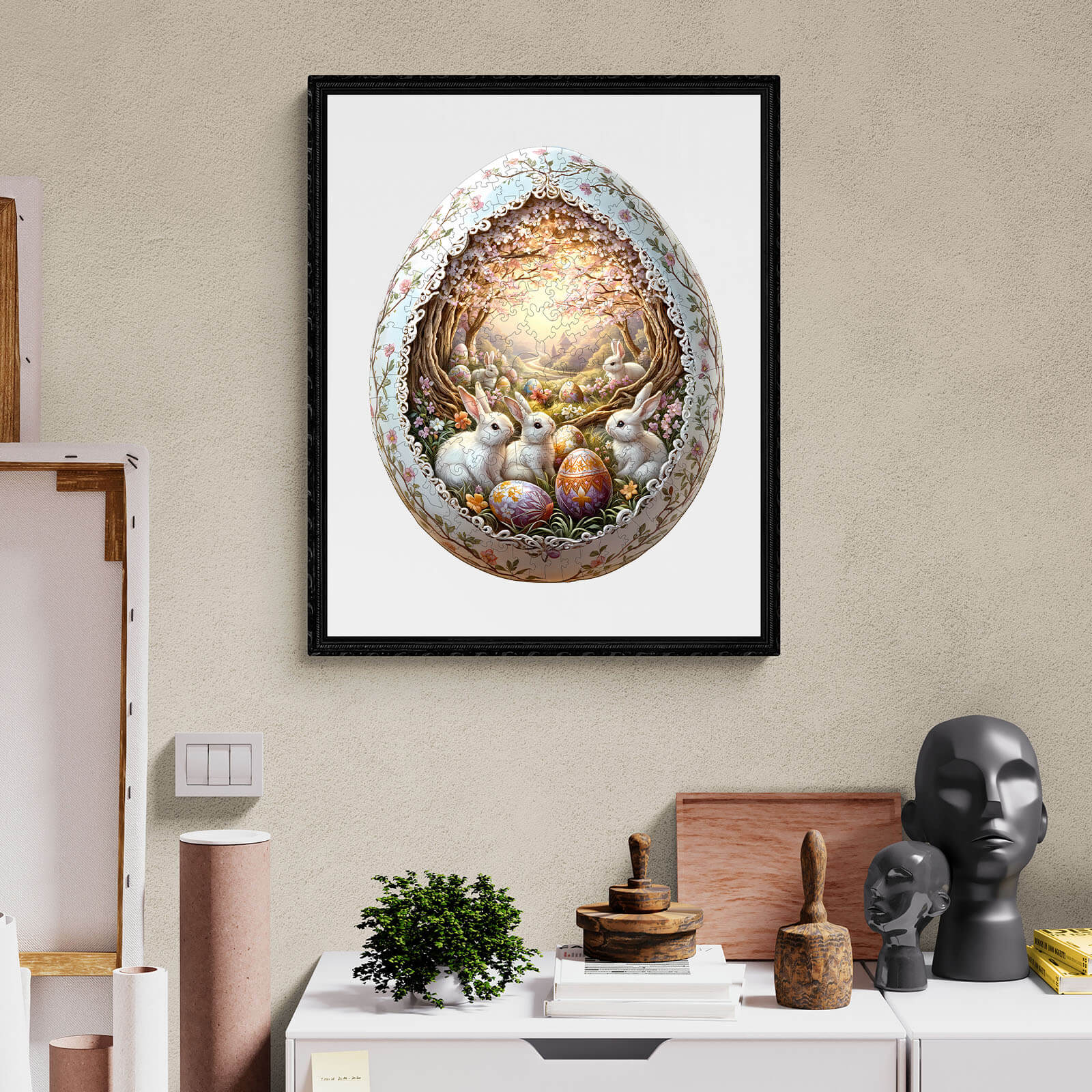 Colorful decorative Easter egg illustration with bunnies and ornate details, perfect for spring-themed decor.