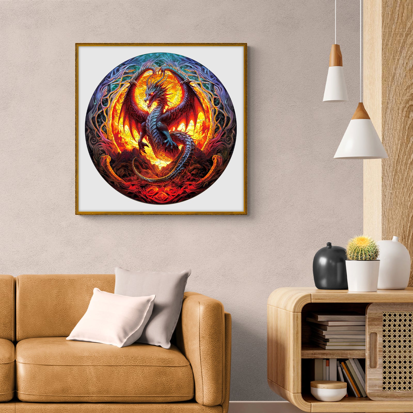 Vibrant Fiery Dragon jigsaw puzzle artwork displayed in a cozy living room setting.