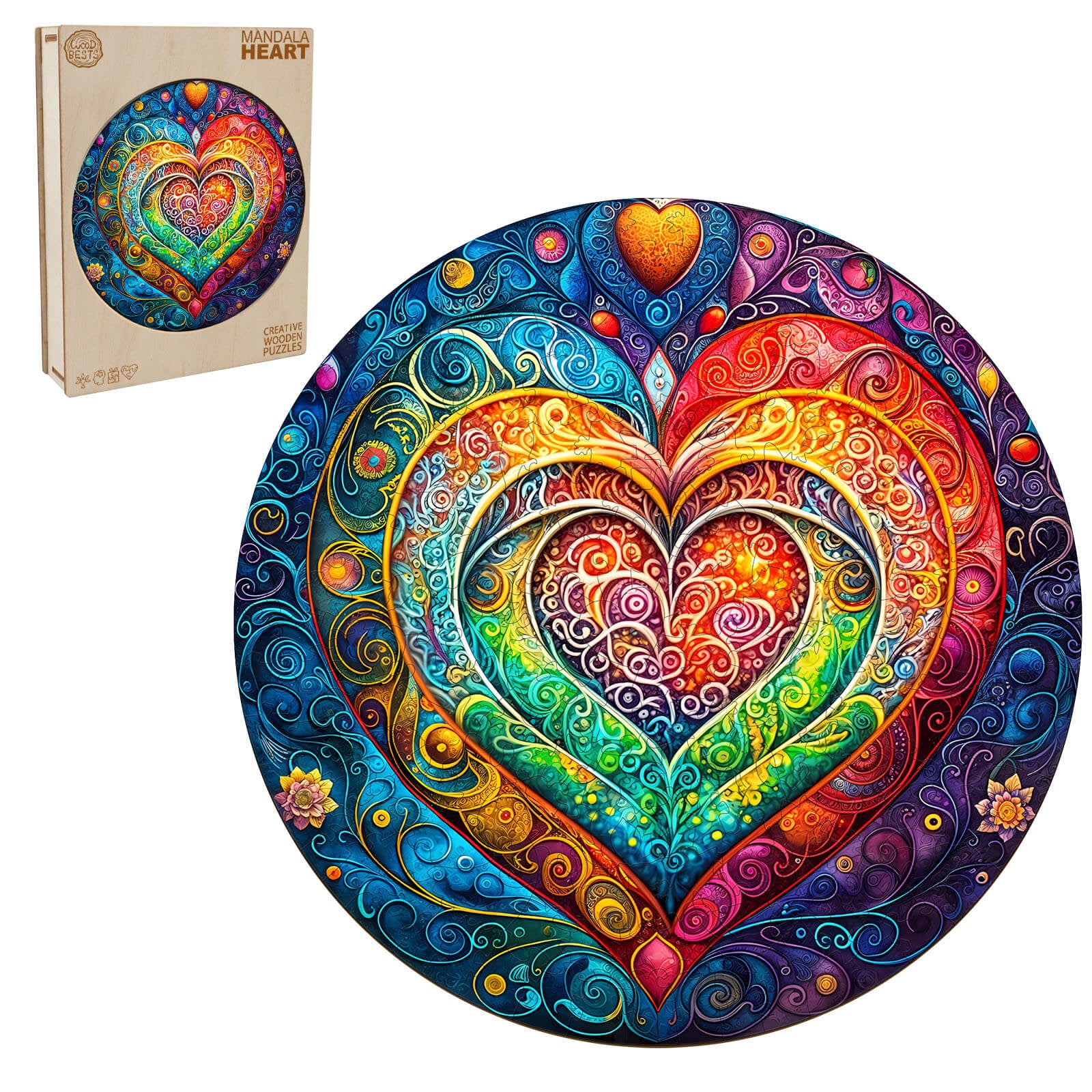 Mandala heart wooden jigsaw puzzle featuring intricate colorful patterns, designed for mind games and enhancing focus.