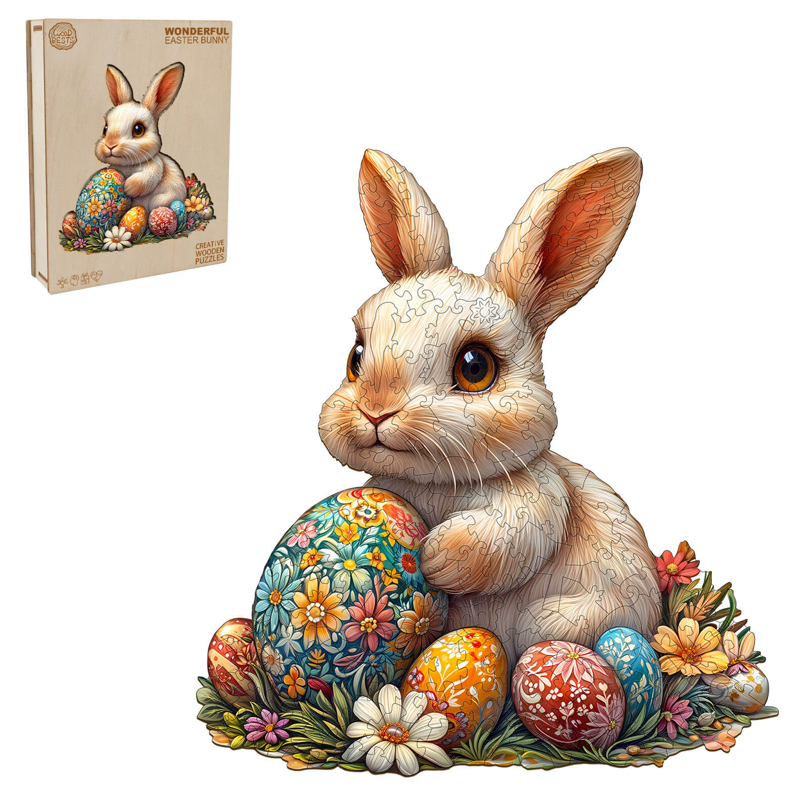 3D Wonderful Easter Bunny Jigsaw Puzzle featuring a cute bunny, colorful eggs, and flowers, perfect for spring celebrations.