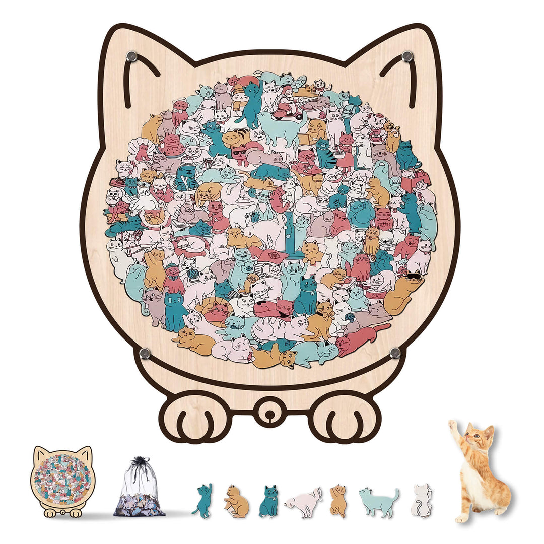 Morandi-Colored Cozy Cat Shaped Wooden Jigsaw Puzzle