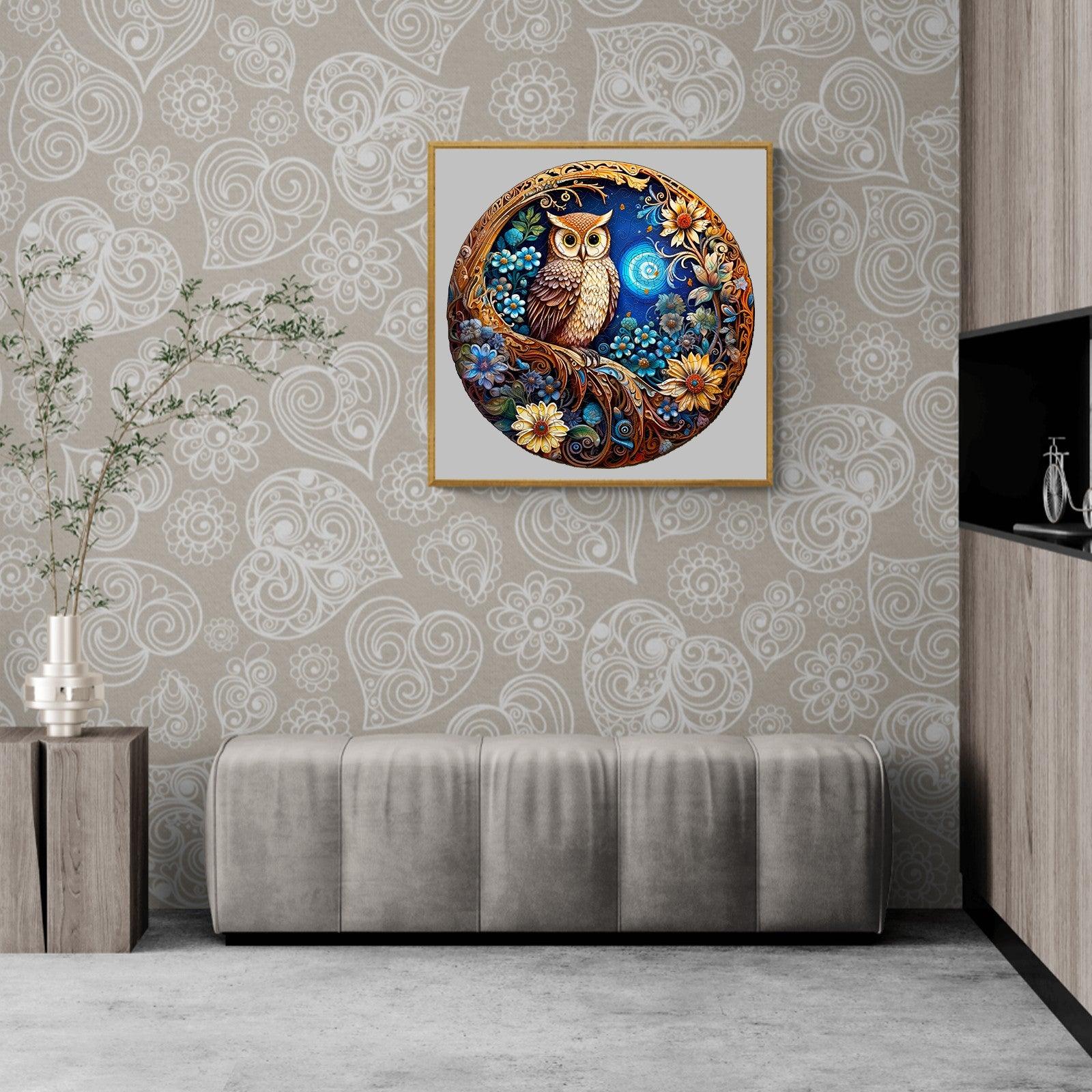 Moonlight Owl Wooden Jigsaw Puzzle art showcased in elegant interior, highlighting its vibrant colors and nature-inspired design.
