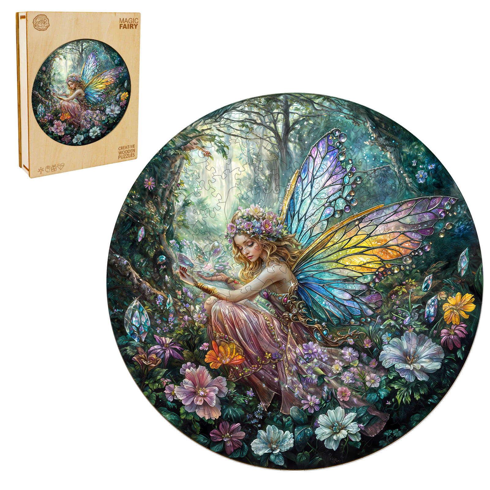 Magic Fairy wooden jigsaw puzzle showcasing a vibrant fairy in a forest surrounded by colorful flowers.