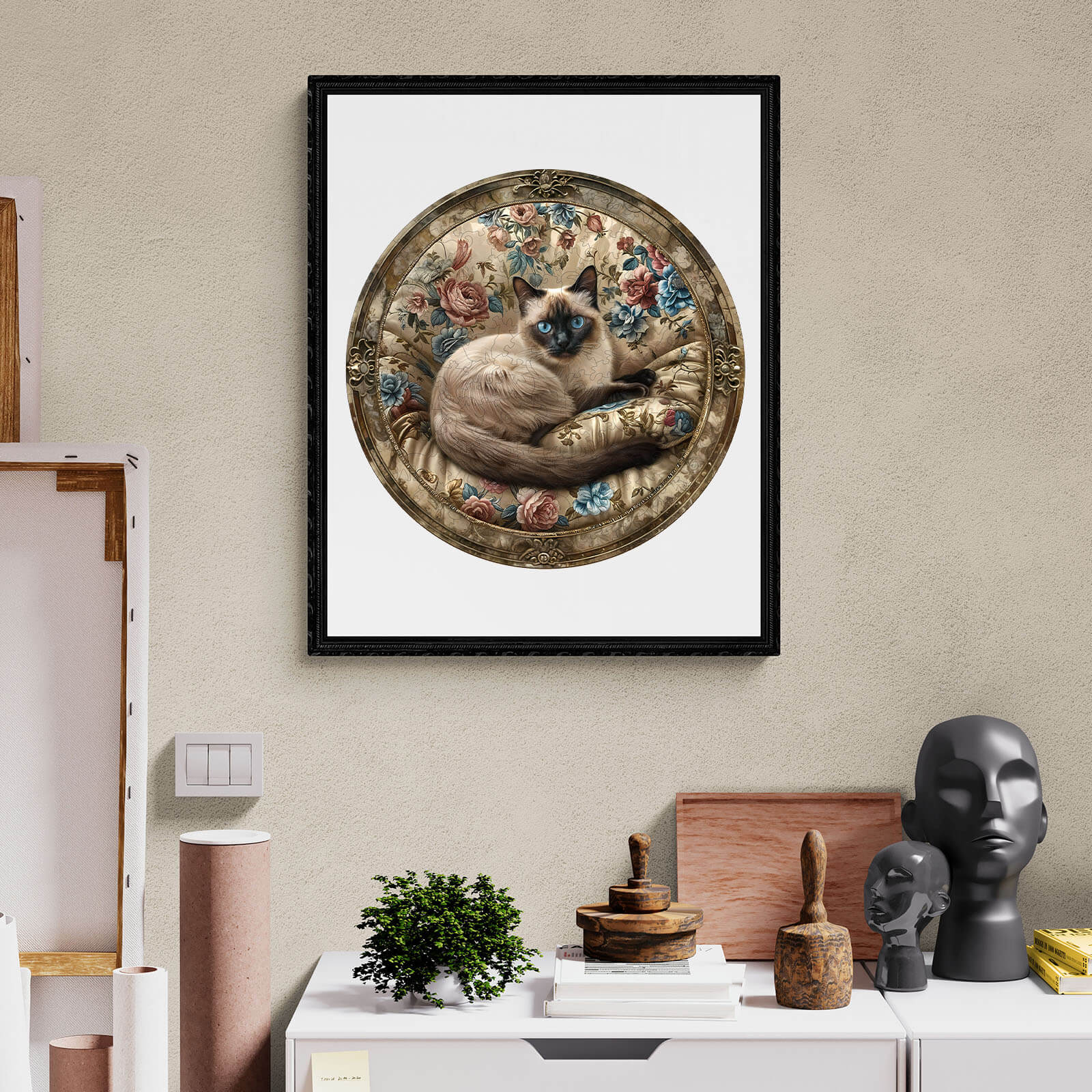 Vintage Siamese cat in circular floral frame artwork, showcasing its elegance. Perfect addition to home decor.